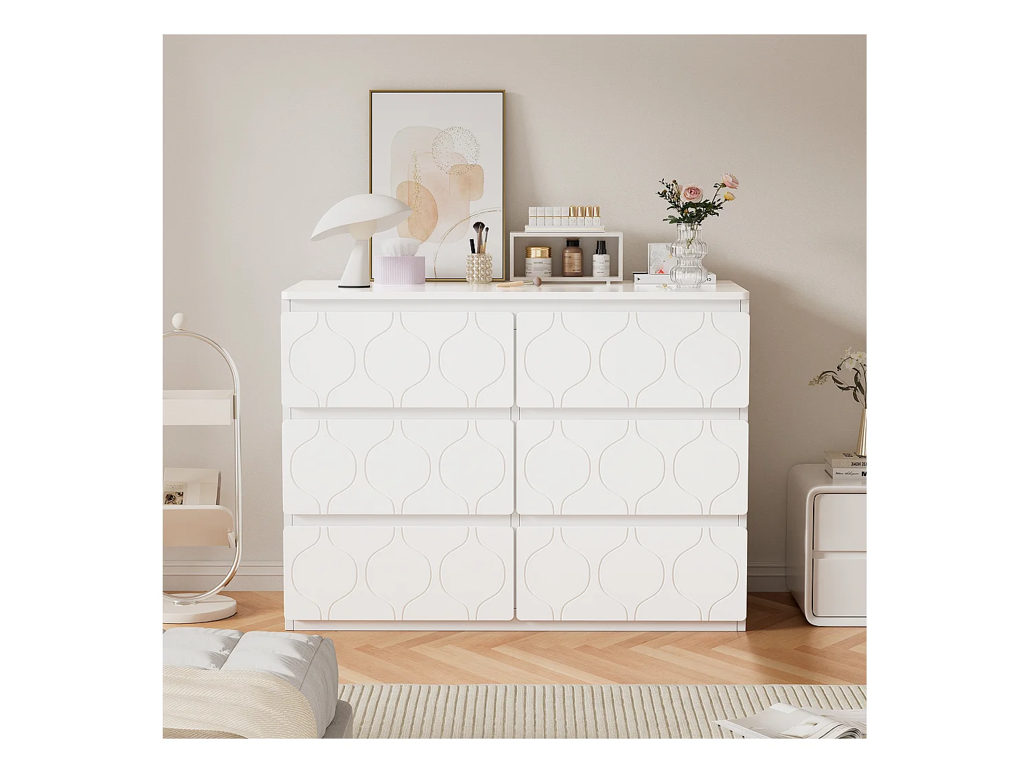 Commode avec 6 tiroirs, Rangement, MDF, Blanc et Chêne (110x40x72 cm)