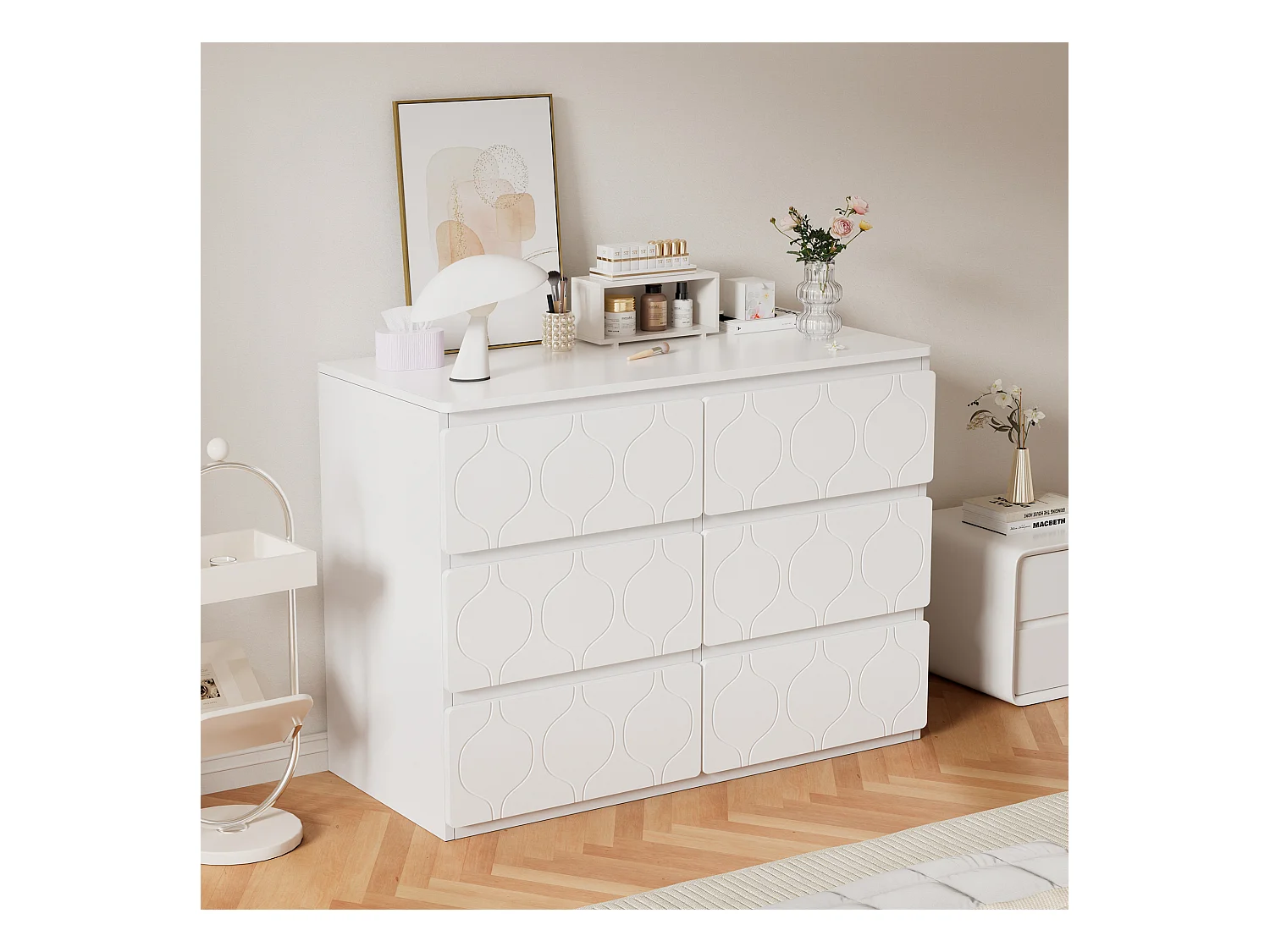 Commode avec 6 tiroirs, Rangement, MDF, Blanc et Chêne (110x40x72 cm)