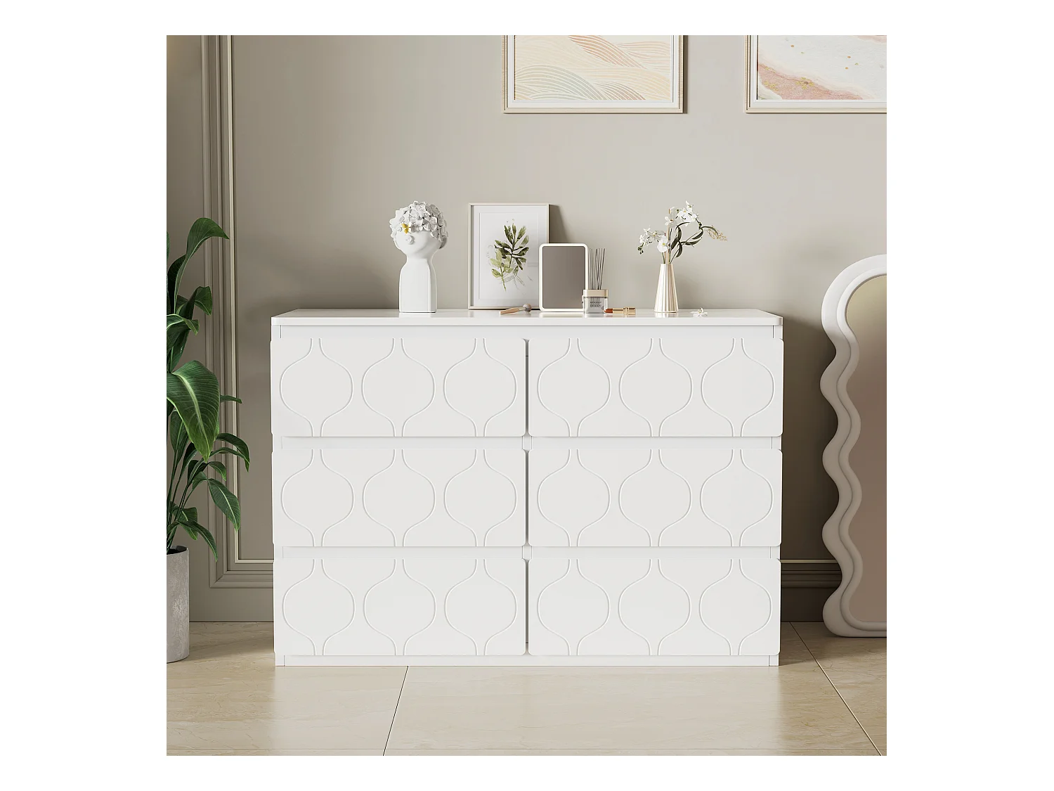 Commode avec 6 tiroirs, Rangement, MDF, Blanc et Chêne (110x40x72 cm)