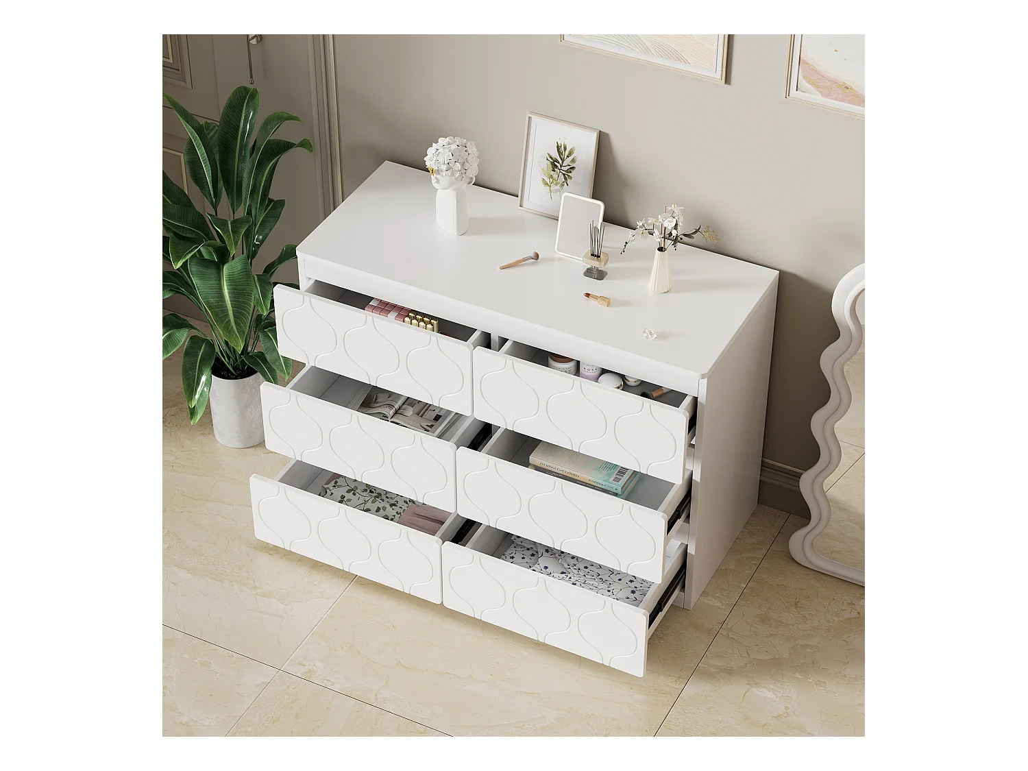 Commode avec 6 tiroirs, Rangement, MDF, Blanc et Chêne (110x40x72 cm)