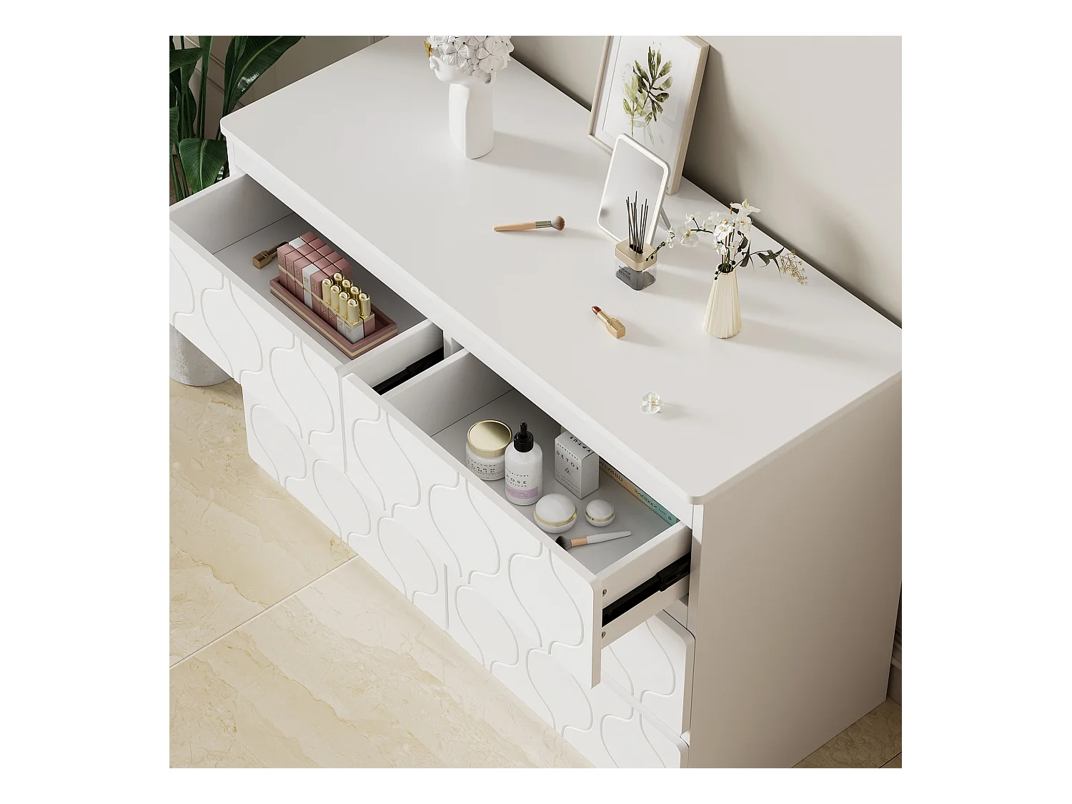 Commode avec 6 tiroirs, Rangement, MDF, Blanc et Chêne (110x40x72 cm)