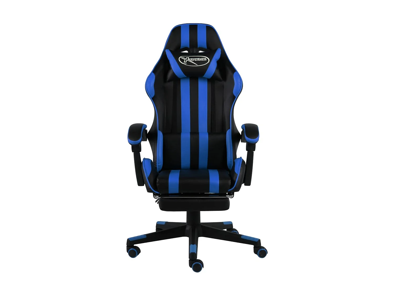 Zwarte en blauwe kunstleren gamingstoel met voetenbankje
