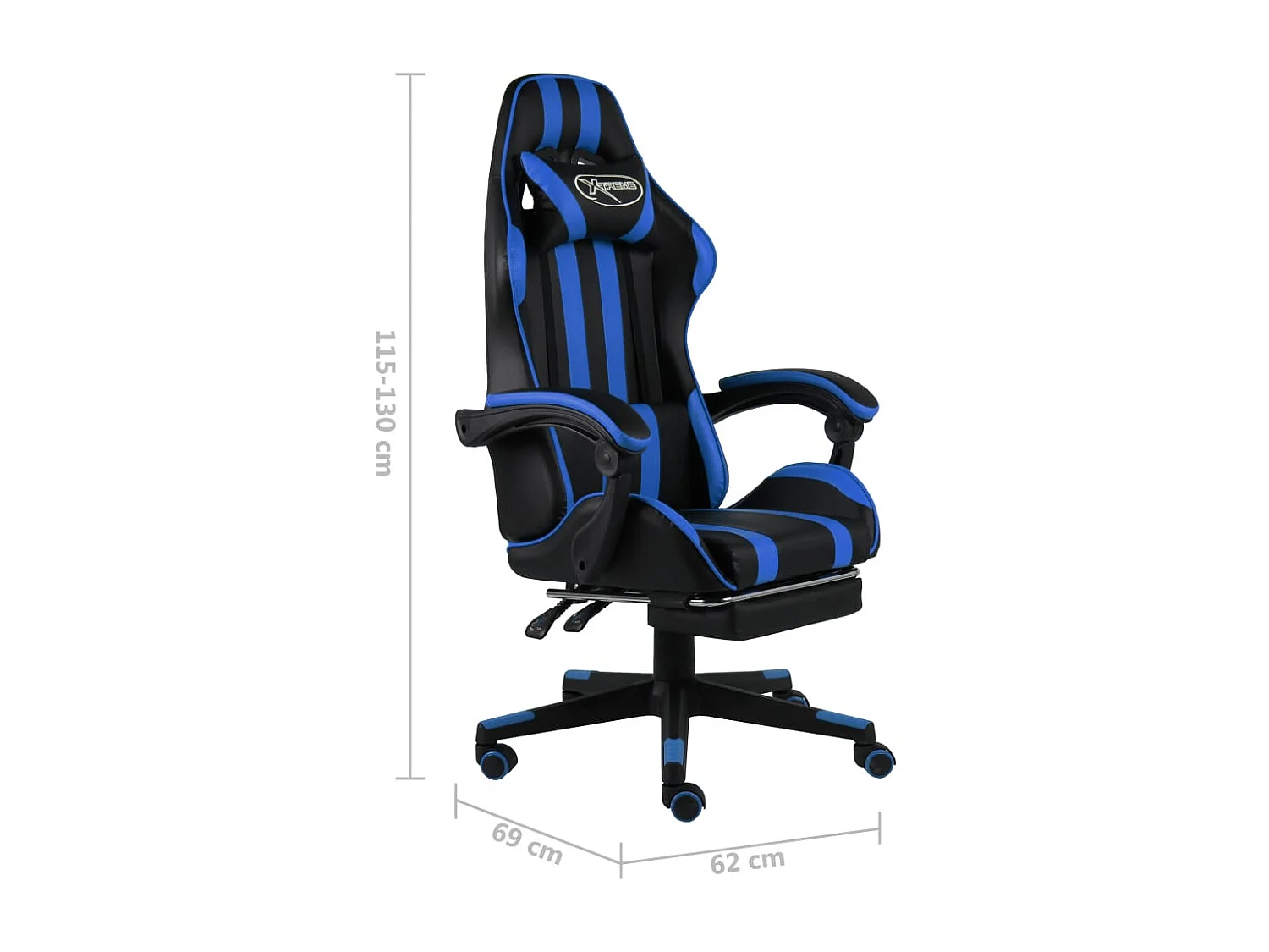 Zwarte en blauwe kunstleren gamingstoel met voetenbankje