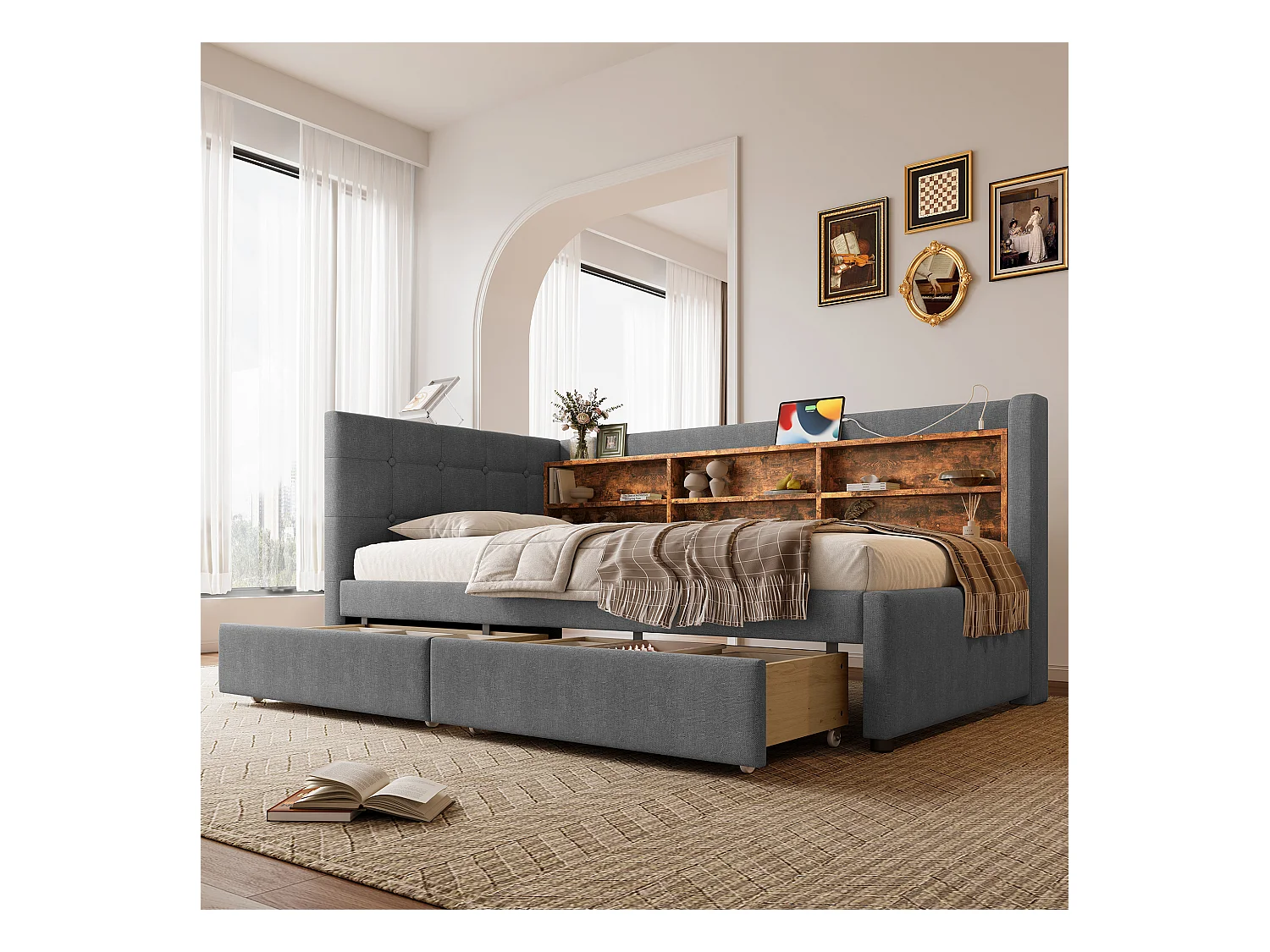Daybett 90x200 cm, Tagesbett mit 2 Schubladen, USB + Typ C, Regalen und Ablagefächern, Leinen, Grau (207x101.5x78.5 cm)