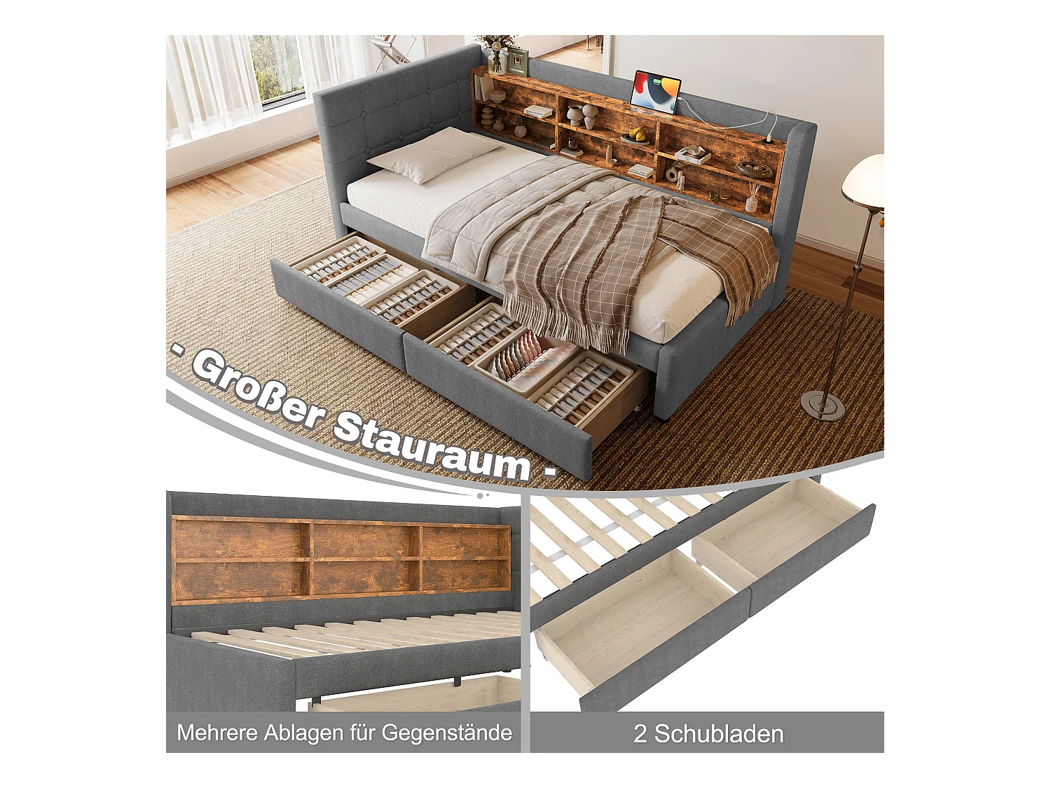 Daybett 90x200 cm, Tagesbett mit 2 Schubladen, USB + Typ C, Regalen und Ablagefächern, Leinen, Grau (207x101.5x78.5 cm)