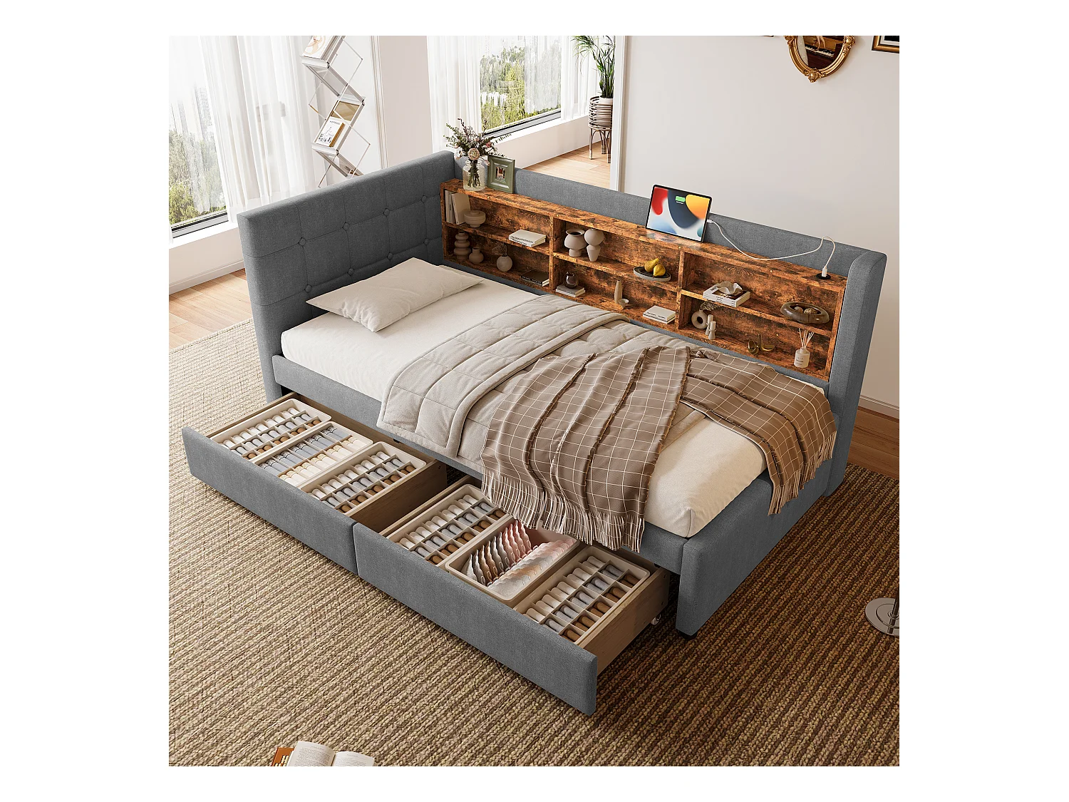 Daybett 90x200 cm, Tagesbett mit 2 Schubladen, USB + Typ C, Regalen und Ablagefächern, Leinen, Grau (207x101.5x78.5 cm)