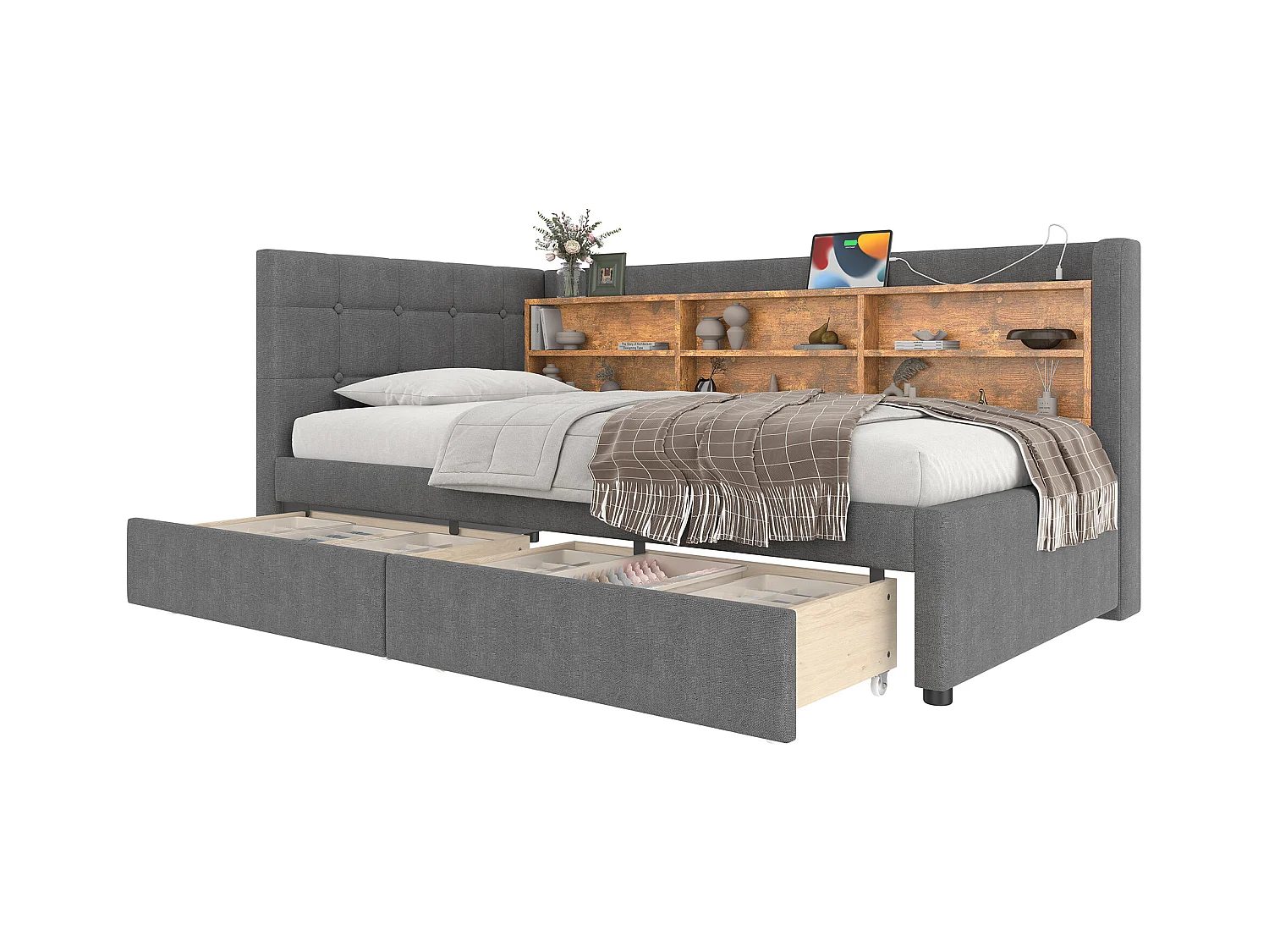 Daybett 90x200 cm, Tagesbett mit 2 Schubladen, USB + Typ C, Regalen und Ablagefächern, Leinen, Grau (207x101.5x78.5 cm)
