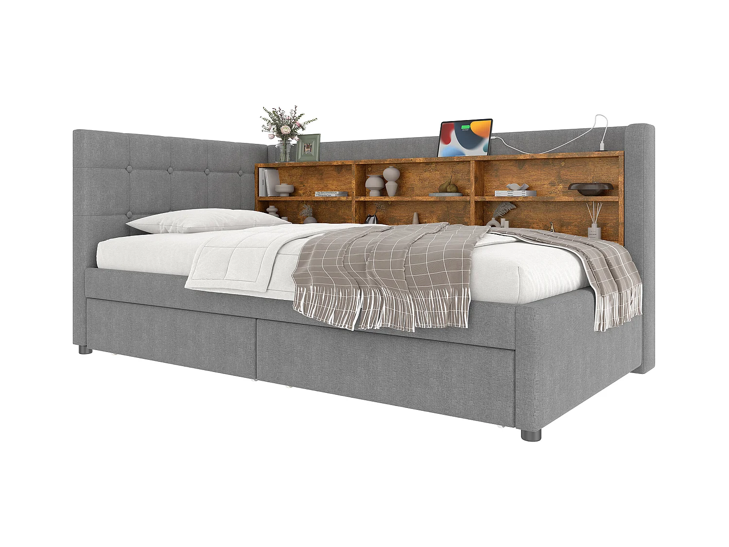 Sofá cama 90x200 cm, sofá cama con 2 cajones, USB + Tipo C, estantes y compartimentos de almacenamiento, lino, gris (207x101,5x78,5 cm)