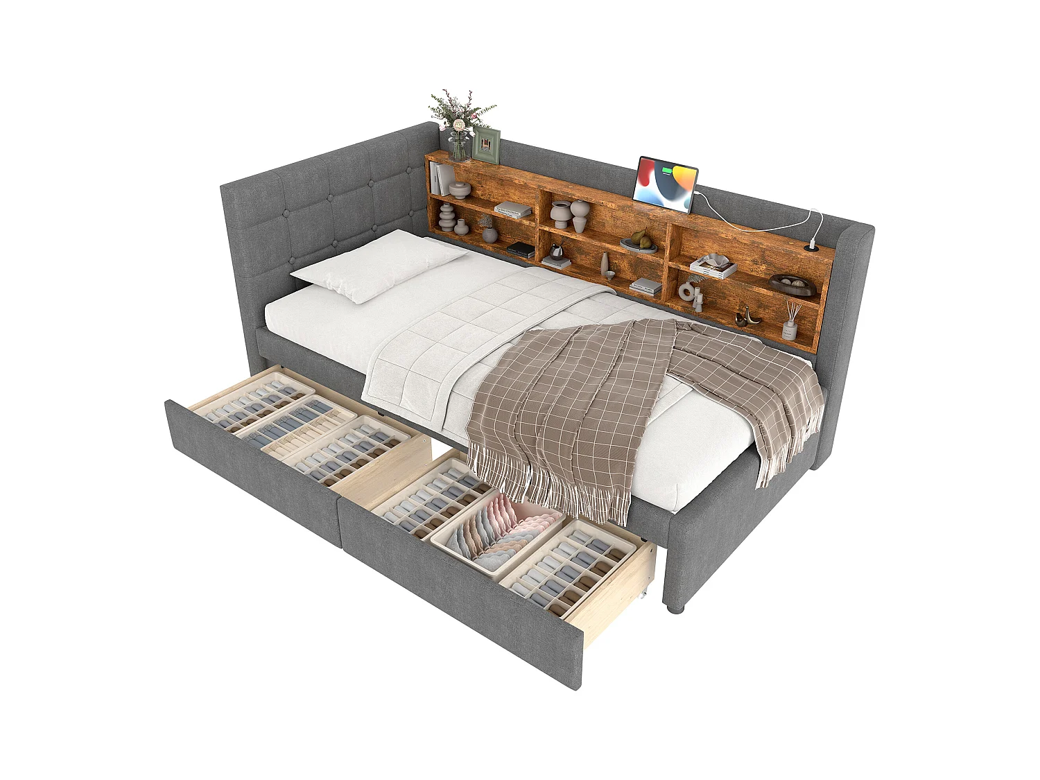 Sofá cama 90x200 cm, sofá cama con 2 cajones, USB + Tipo C, estantes y compartimentos de almacenamiento, lino, gris (207x101,5x78,5 cm)