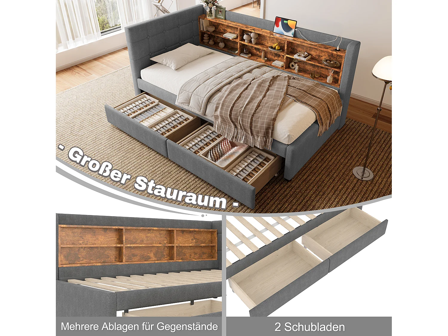 Daybett 90x200 cm, Tagesbett mit 2 Schubladen, USB + Typ C, Regalen und Ablagefächern, Leinen, Grau (207x101.5x78.5 cm)