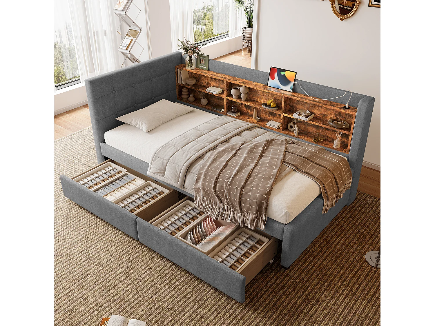 Daybett 90x200 cm, Tagesbett mit 2 Schubladen, USB + Typ C, Regalen und Ablagefächern, Leinen, Grau (207x101.5x78.5 cm)