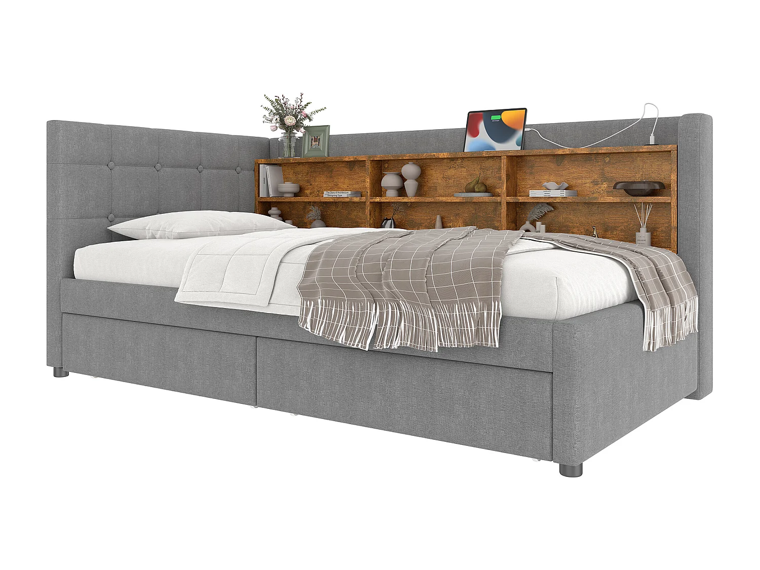 Daybett 90x200 cm, Tagesbett mit 2 Schubladen, USB + Typ C, Regalen und Ablagefächern, Leinen, Grau (207x101.5x78.5 cm)