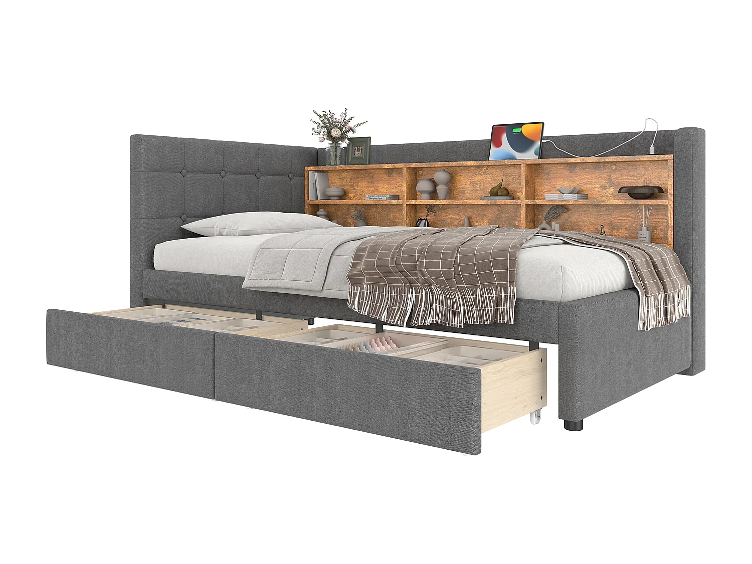 Daybett 90x200 cm, Tagesbett mit 2 Schubladen, USB + Typ C, Regalen und Ablagefächern, Leinen, Grau (207x101.5x78.5 cm)
