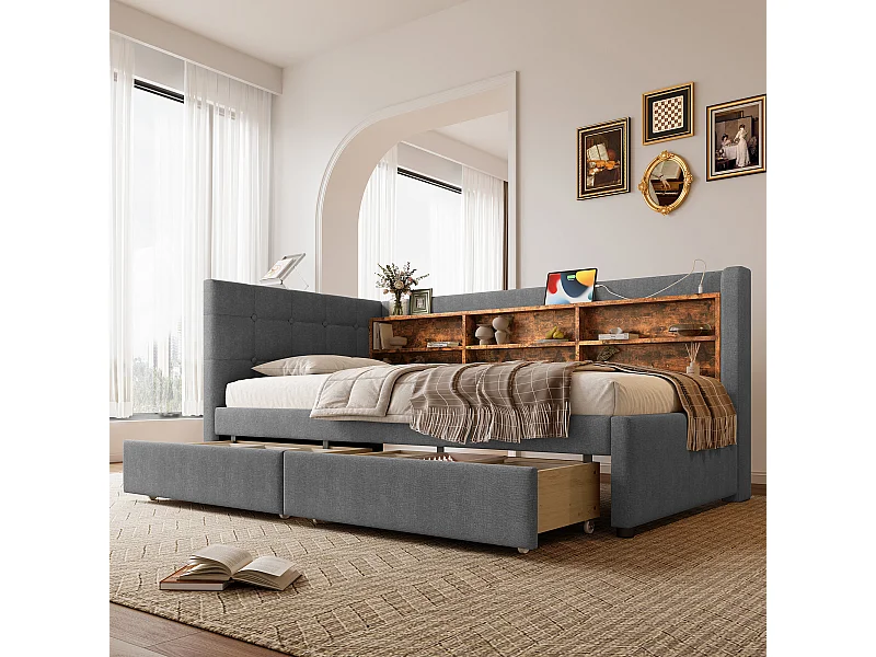 Divano letto 90x200 cm, divano letto con 2 cassetti, USB + Tipo C, ripiani e vani portaoggetti, lino, grigio (207x101,5x78,5 cm)