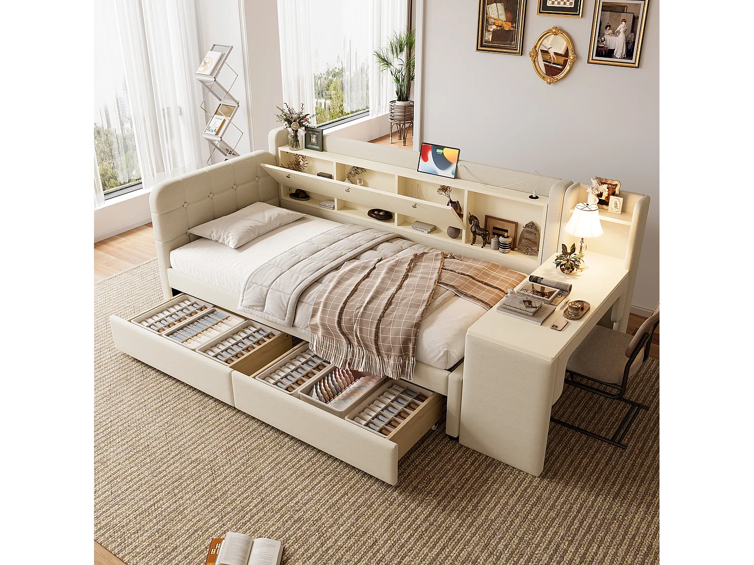 Daybett 90x200 cm, Tagesbett, Schlafsofa, mit 2 Schubladen, Schreibtisch, USB + Typ C, Aufbewahrungsfach, Leinen, Beige (238x101.5x79 cm)
