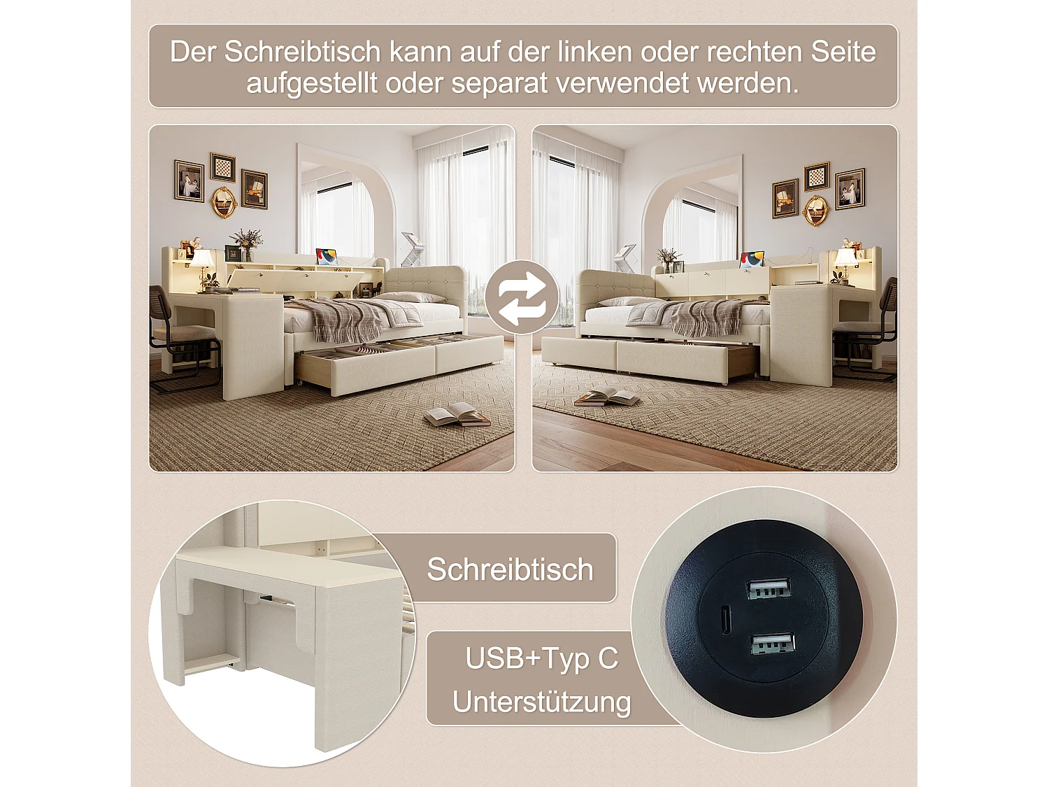 Daybett 90x200 cm, Tagesbett, Schlafsofa, mit 2 Schubladen, Schreibtisch, USB + Typ C, Aufbewahrungsfach, Leinen, Beige (238x101.5x79 cm)
