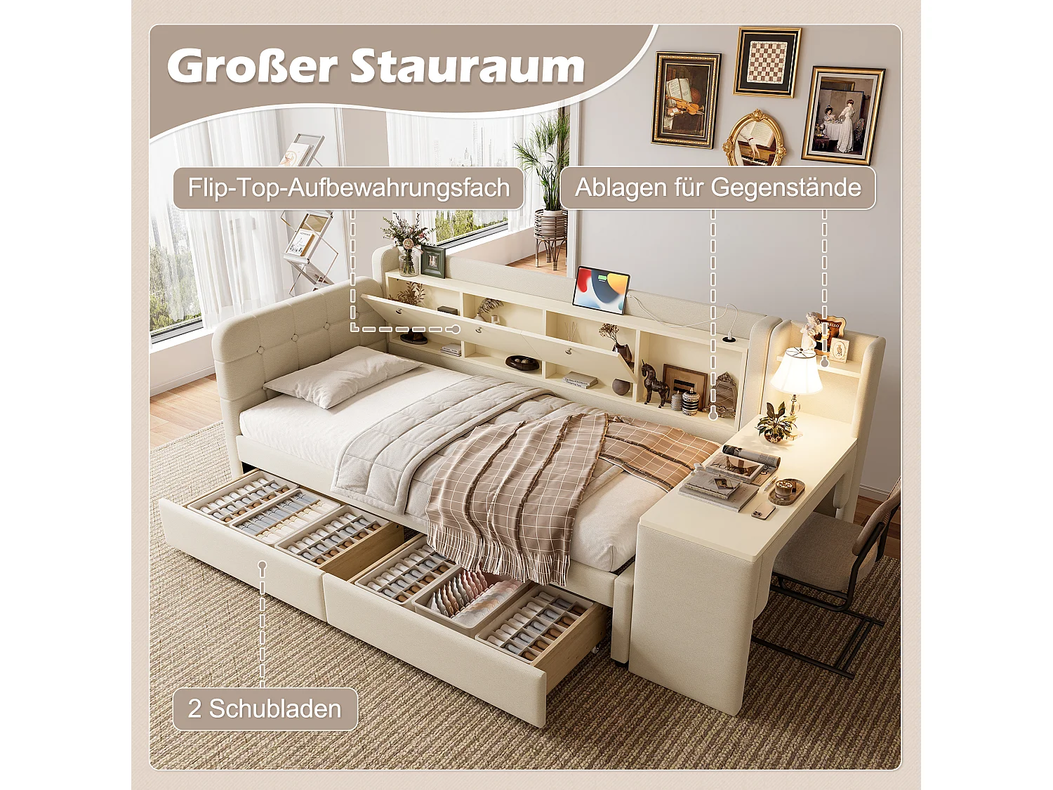 Daybett 90x200 cm, Tagesbett, Schlafsofa, mit 2 Schubladen, Schreibtisch, USB + Typ C, Aufbewahrungsfach, Leinen, Beige (238x101.5x79 cm)