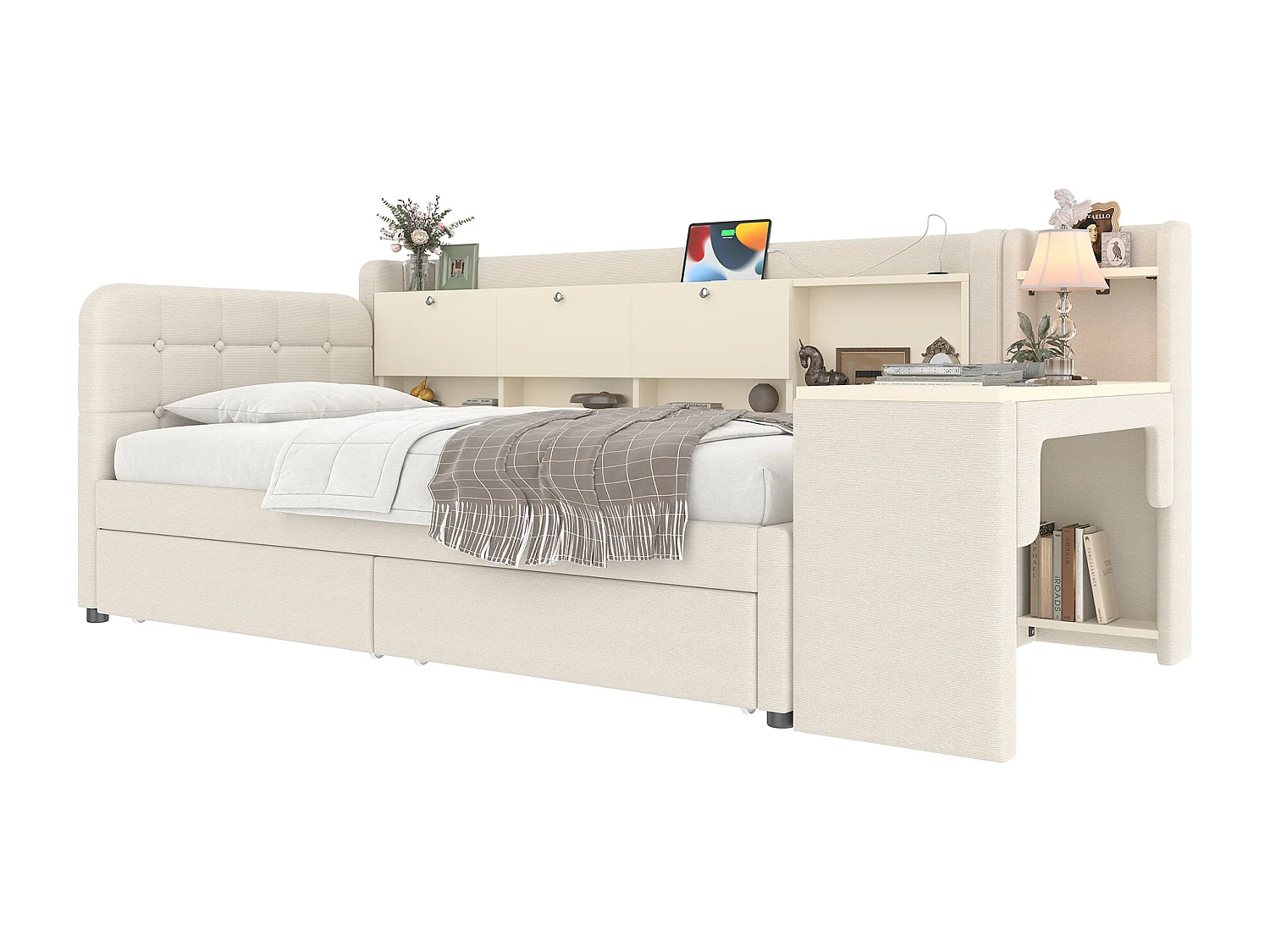 Daybett 90x200 cm, Tagesbett, Schlafsofa, mit 2 Schubladen, Schreibtisch, USB + Typ C, Aufbewahrungsfach, Leinen, Beige (238x101.5x79 cm)