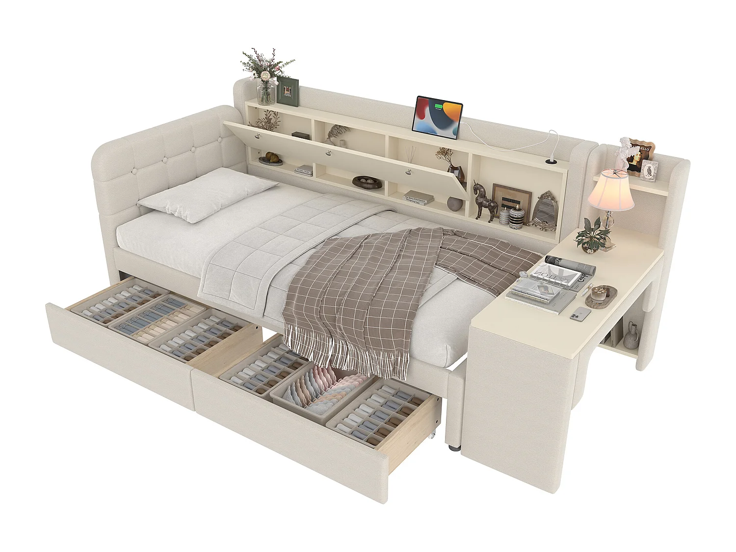 Daybett 90x200 cm, Tagesbett, Schlafsofa, mit 2 Schubladen, Schreibtisch, USB + Typ C, Aufbewahrungsfach, Leinen, Beige (238x101.5x79 cm)