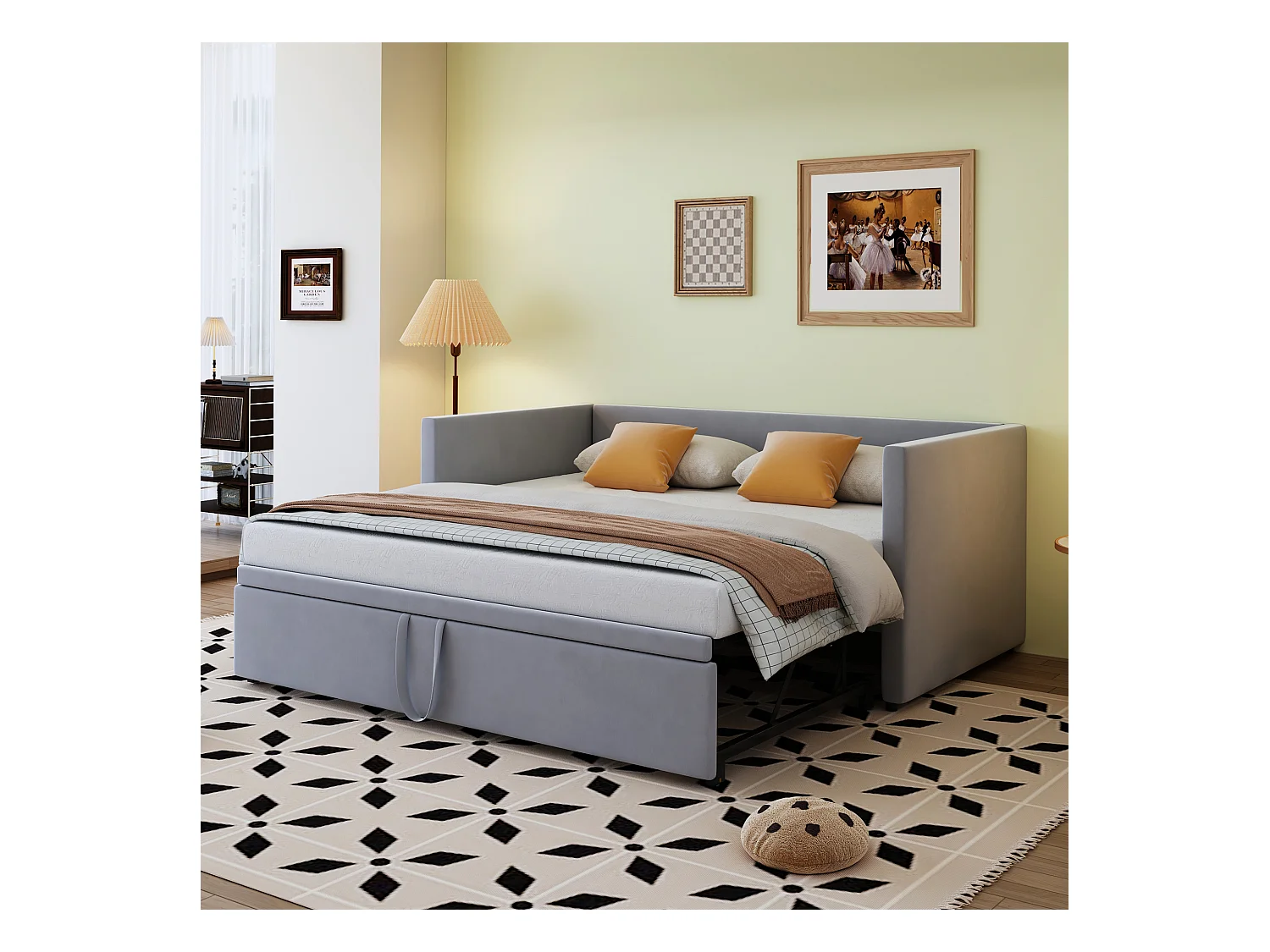 Uitklapbare slaapbank 90/180 x 200 cm met lattenbodem, multifunctioneel in grijze fluwelen stof (213 x 188 x 74 cm)