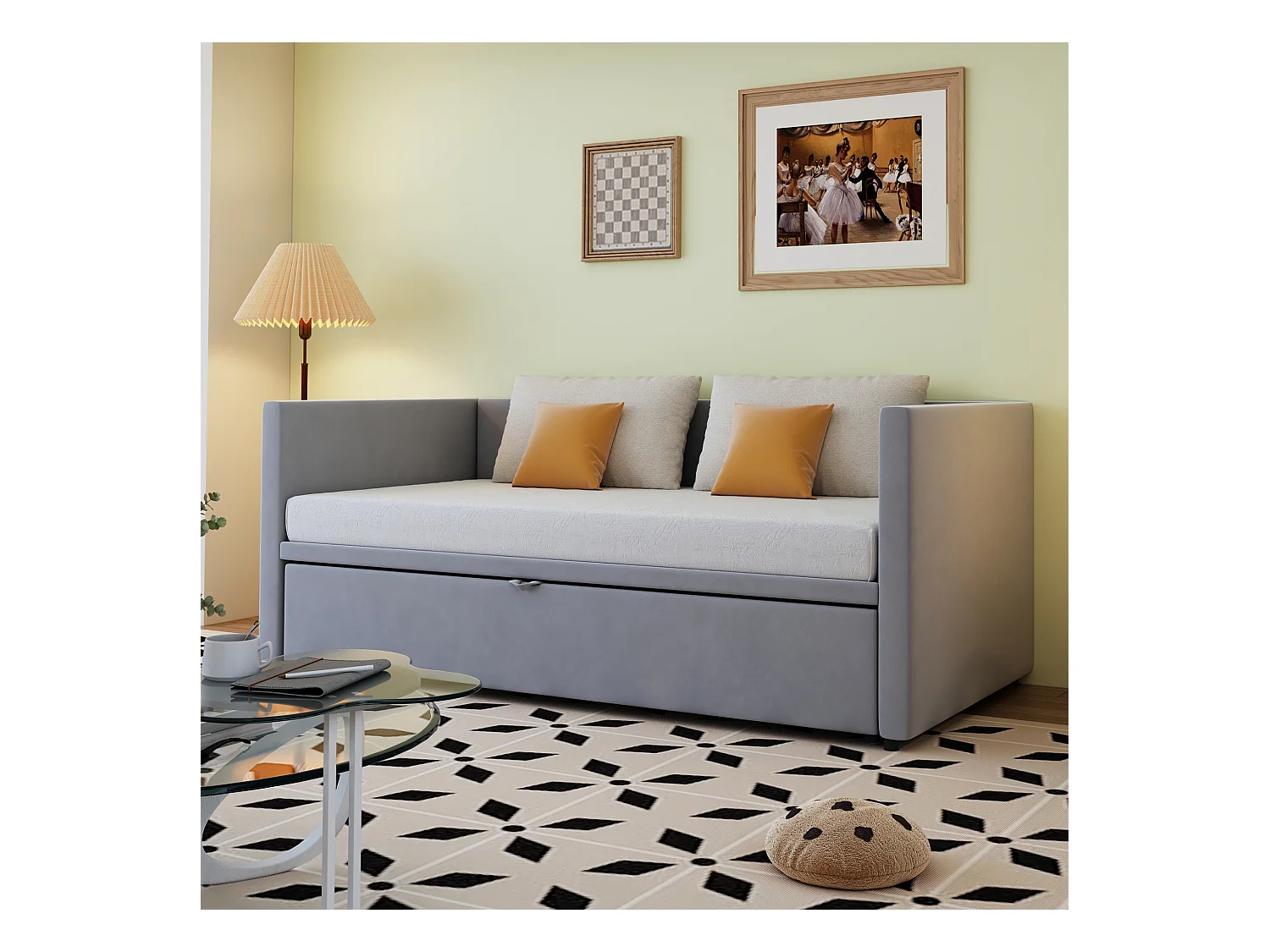 Uitklapbare slaapbank 90/180 x 200 cm met lattenbodem, multifunctioneel in grijze fluwelen stof (213 x 188 x 74 cm)