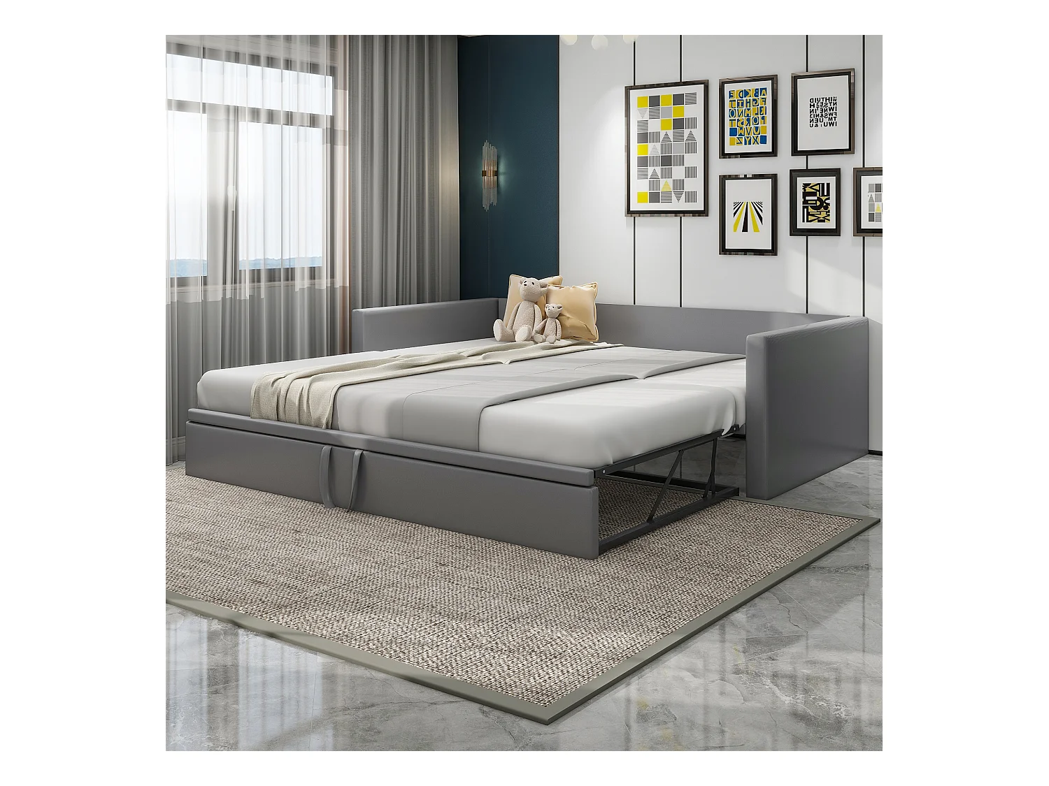 Uitklapbare slaapbank 90/180 x 200 cm met lattenbodem, multifunctioneel in grijze fluwelen stof (213 x 188 x 74 cm)