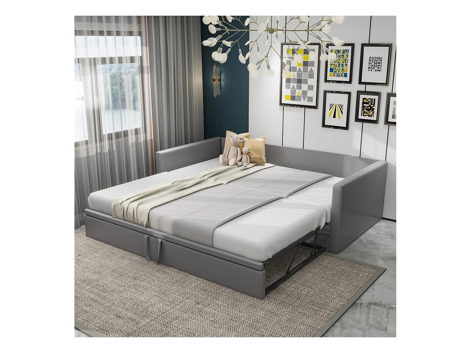 Uitklapbare slaapbank 90/180 x 200 cm met lattenbodem, multifunctioneel in grijze fluwelen stof (213 x 188 x 74 cm)