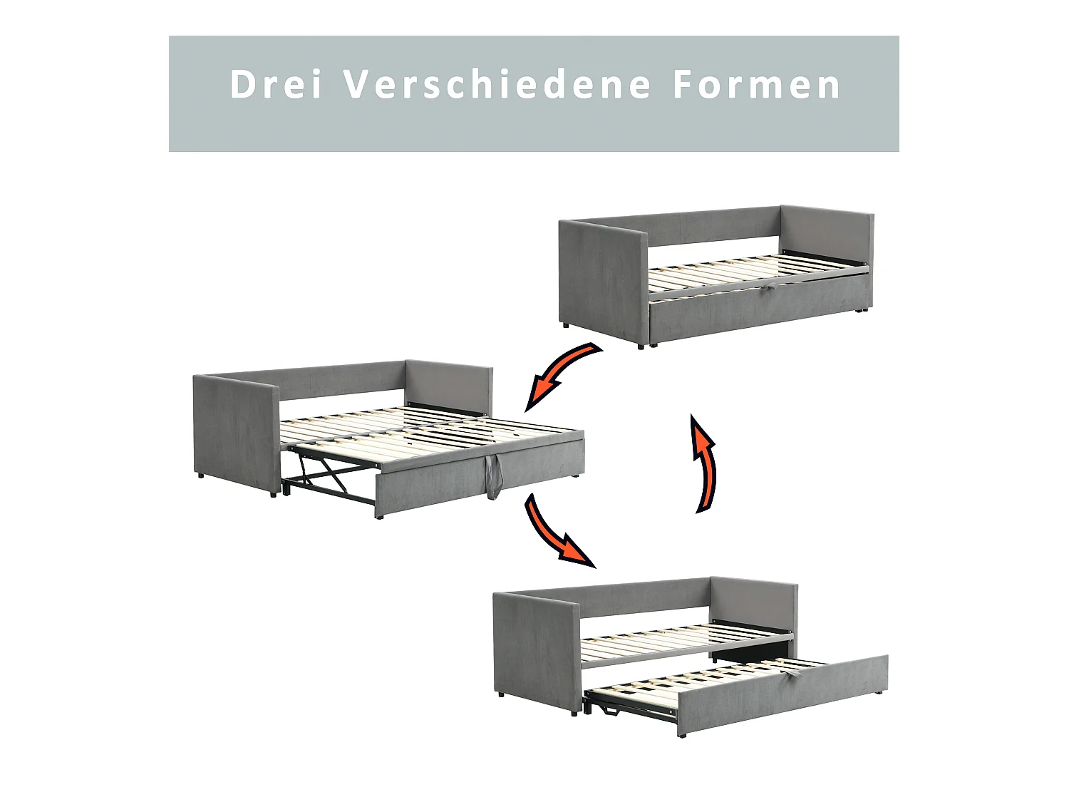 Uitklapbare slaapbank 90/180 x 200 cm met lattenbodem, multifunctioneel in grijze fluwelen stof (213 x 188 x 74 cm)
