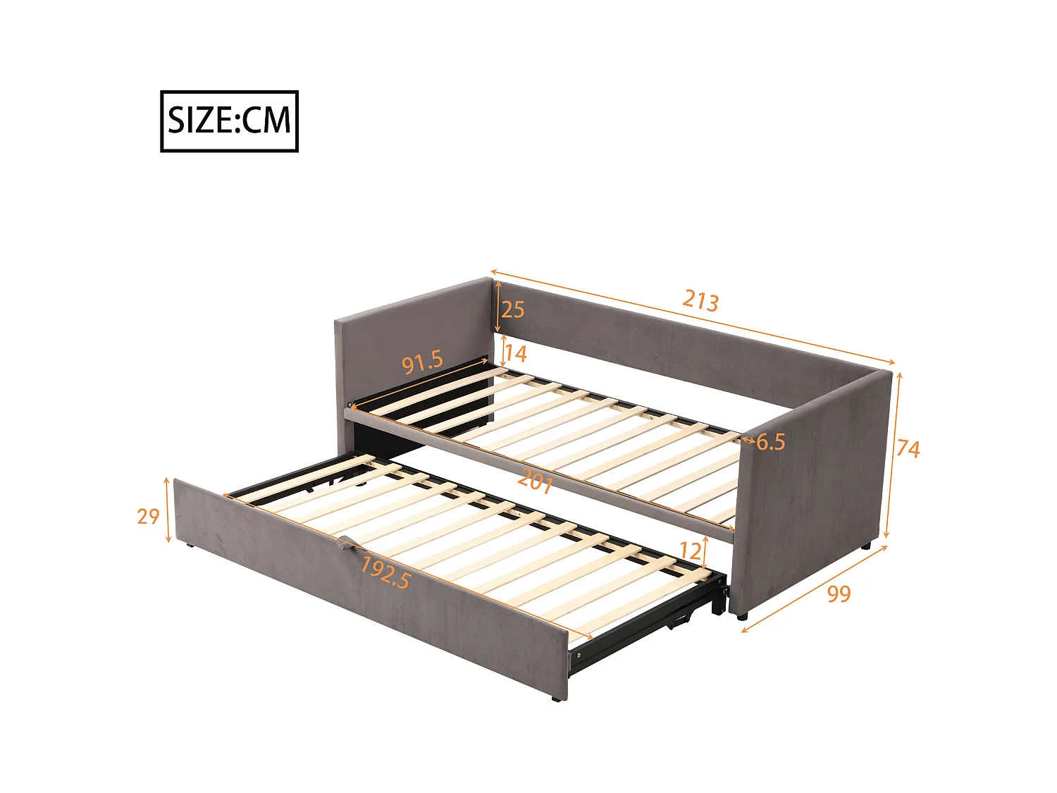 Uitklapbare slaapbank 90/180 x 200 cm met lattenbodem, multifunctioneel in grijze fluwelen stof (213 x 188 x 74 cm)