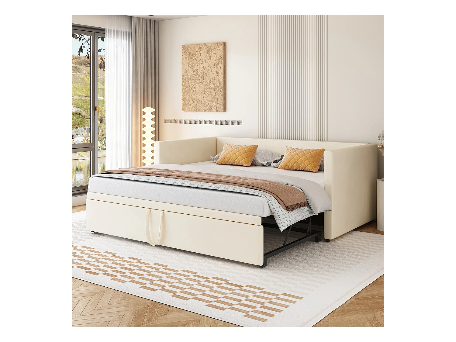 Canapé-lit convertible 90/180 x 200 cm avec sommier à lattes, multifonction en tissu velours beige (213 x 188 x 74 cm)