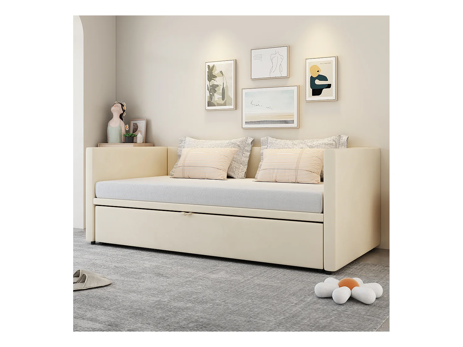 Canapé-lit convertible 90/180 x 200 cm avec sommier à lattes, multifonction en tissu velours beige (213 x 188 x 74 cm)