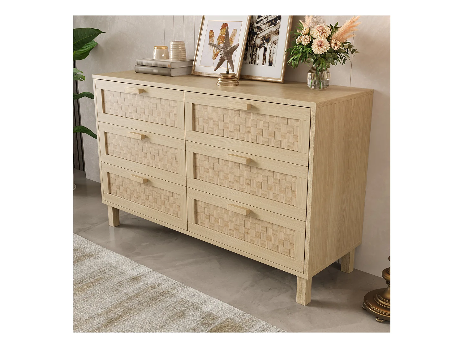 Commode et Sideboard élégant en bois naturel avec 6 tiroirs, design moderne, rangement pratique, bois naturel (120x40x75 cm)