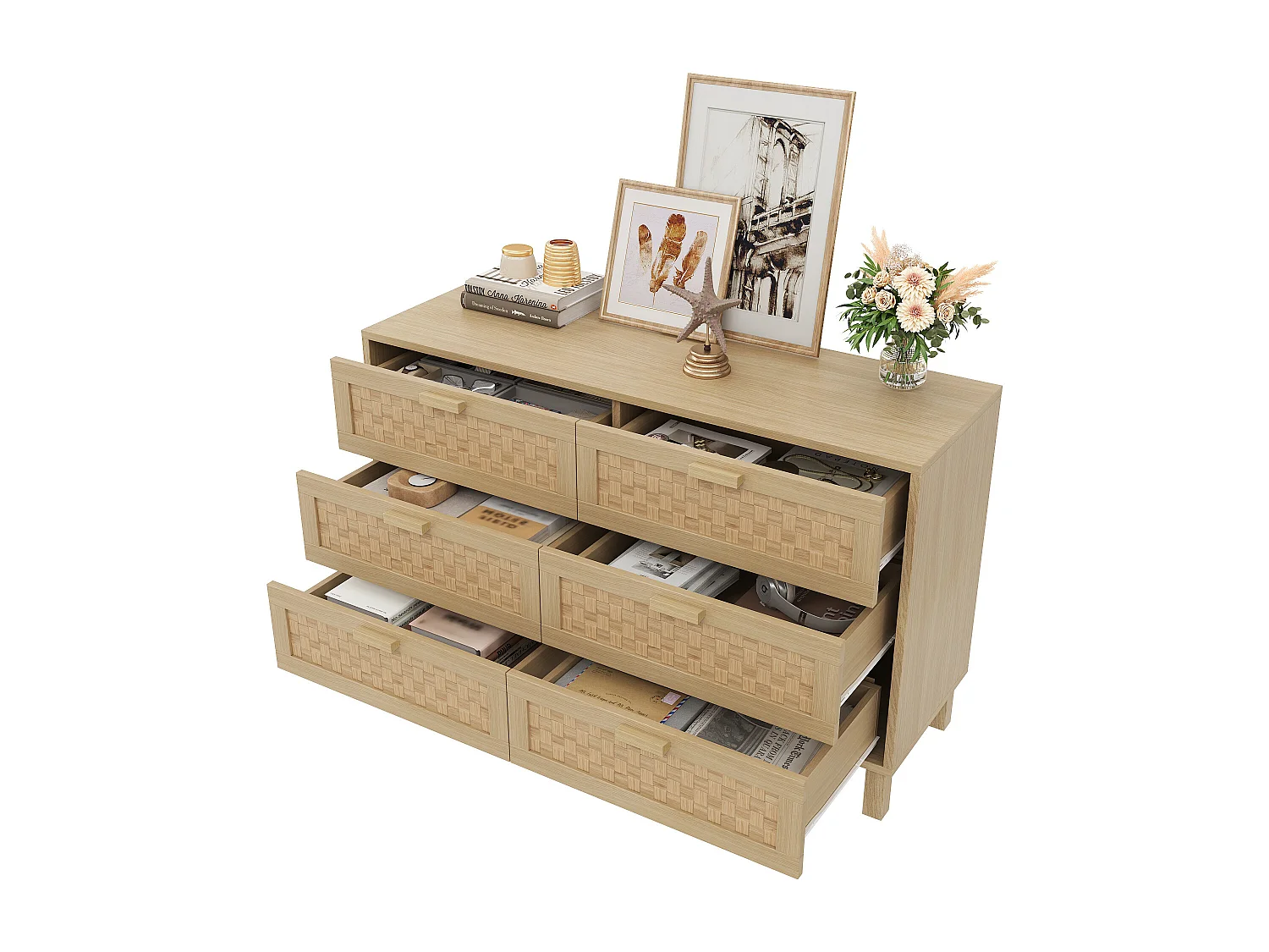 Commode et Sideboard élégant en bois naturel avec 6 tiroirs, design moderne, rangement pratique, bois naturel (120x40x75 cm)