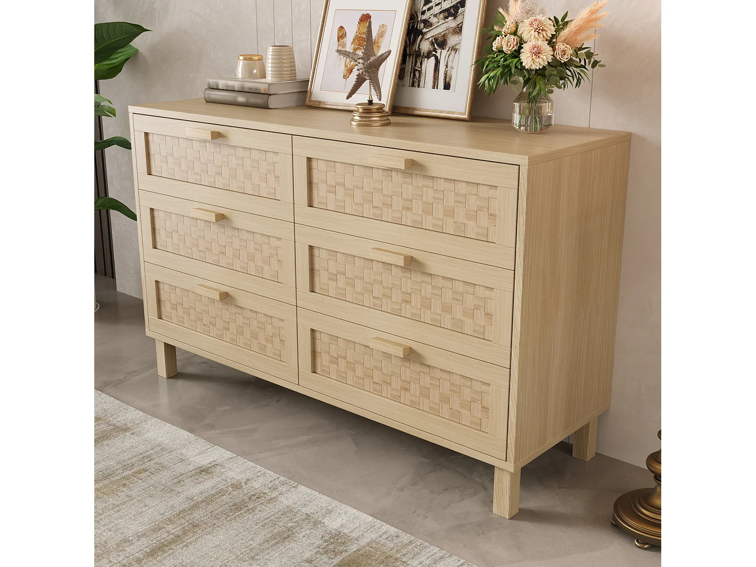 Commode et Sideboard élégant en bois naturel avec 6 tiroirs, design moderne, rangement pratique, bois naturel (120x40x75 cm)