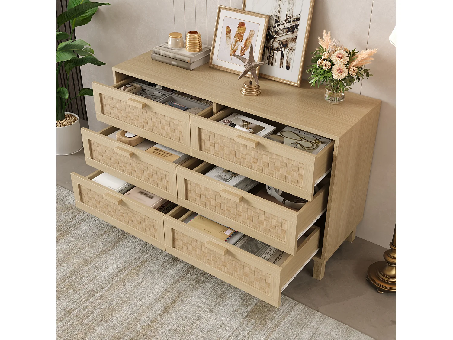 Commode et Sideboard élégant en bois naturel avec 6 tiroirs, design moderne, rangement pratique, bois naturel (120x40x75 cm)