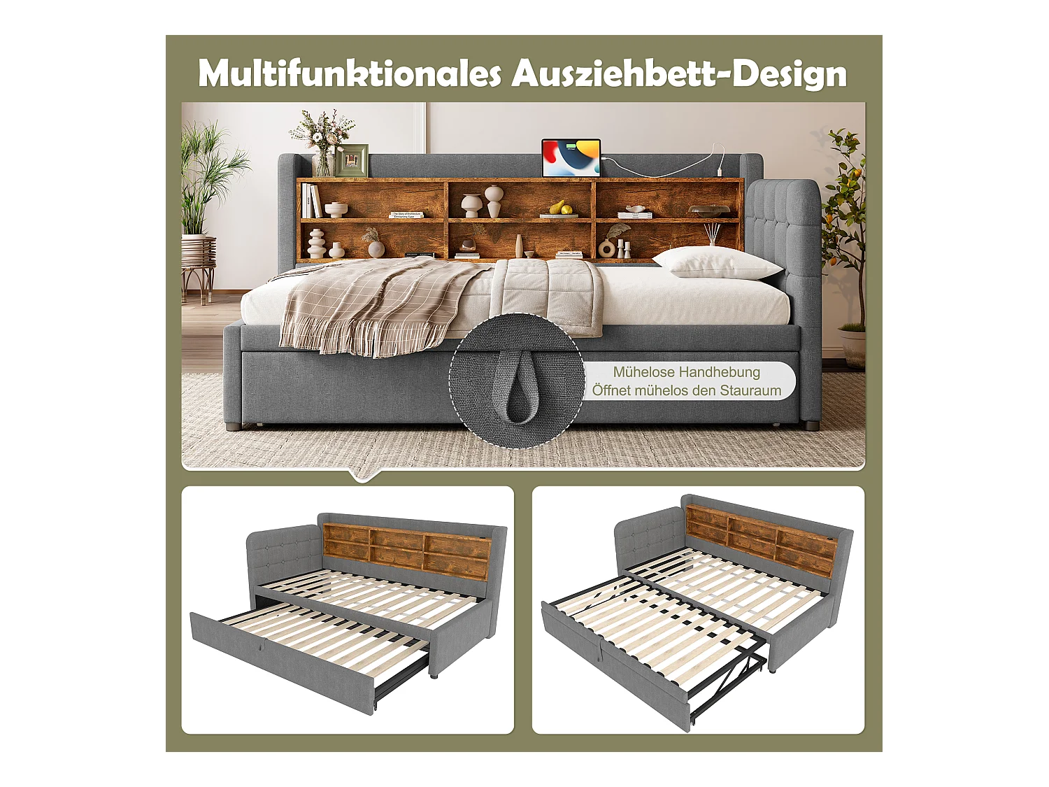 Daybett 90x200 cm (180x200 cm), Schlafsofa, multifunktionales Ausziehbett, USB + Typ C, Ablageflächen, Leinen, Grau (207x101.5x83.5 cm)