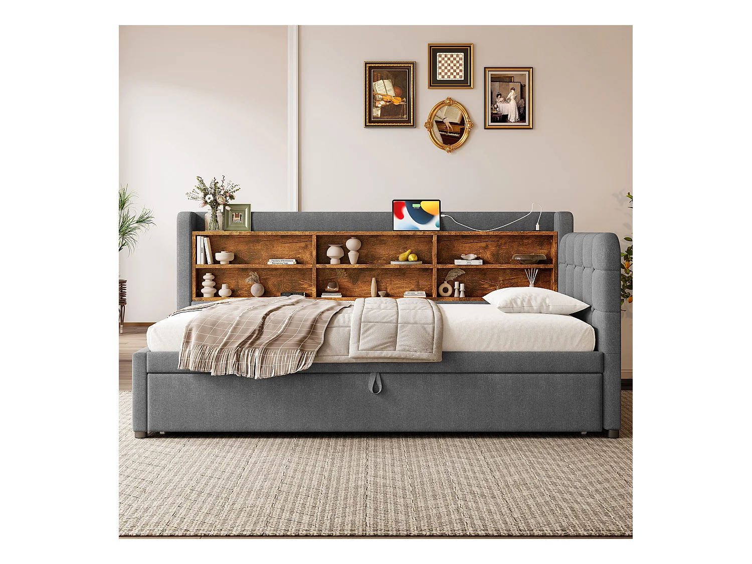 Daybett 90x200 cm (180x200 cm), Schlafsofa, multifunktionales Ausziehbett, USB + Typ C, Ablageflächen, Leinen, Grau (207x101.5x83.5 cm)