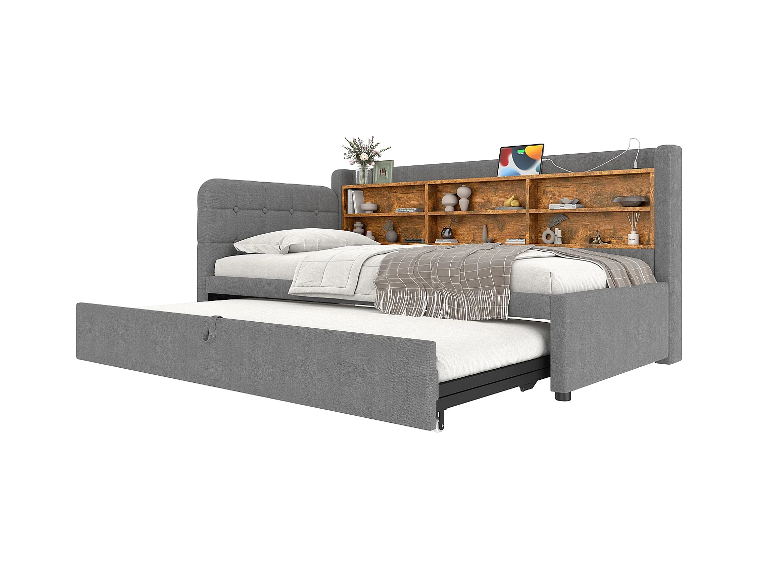 Daybett 90x200 cm (180x200 cm), Schlafsofa, multifunktionales Ausziehbett, USB + Typ C, Ablageflächen, Leinen, Grau (207x101.5x83.5 cm)