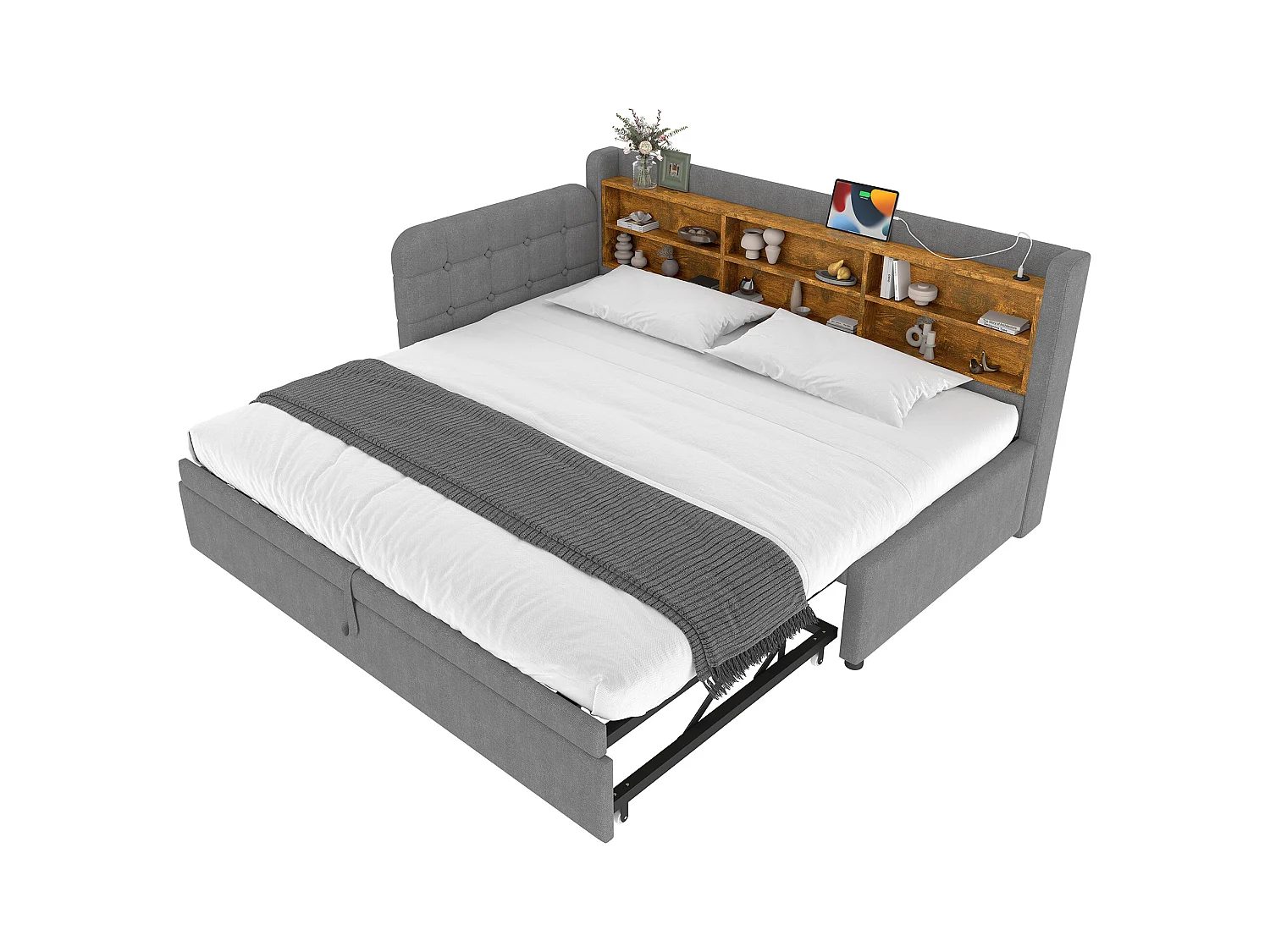 Sofá cama de 90 x 200 cm (180 x 200 cm), cama nido multifuncional, USB + Tipo C, espacio de almacenamiento, lino, gris (207 x 101,5 x 83,5 cm)