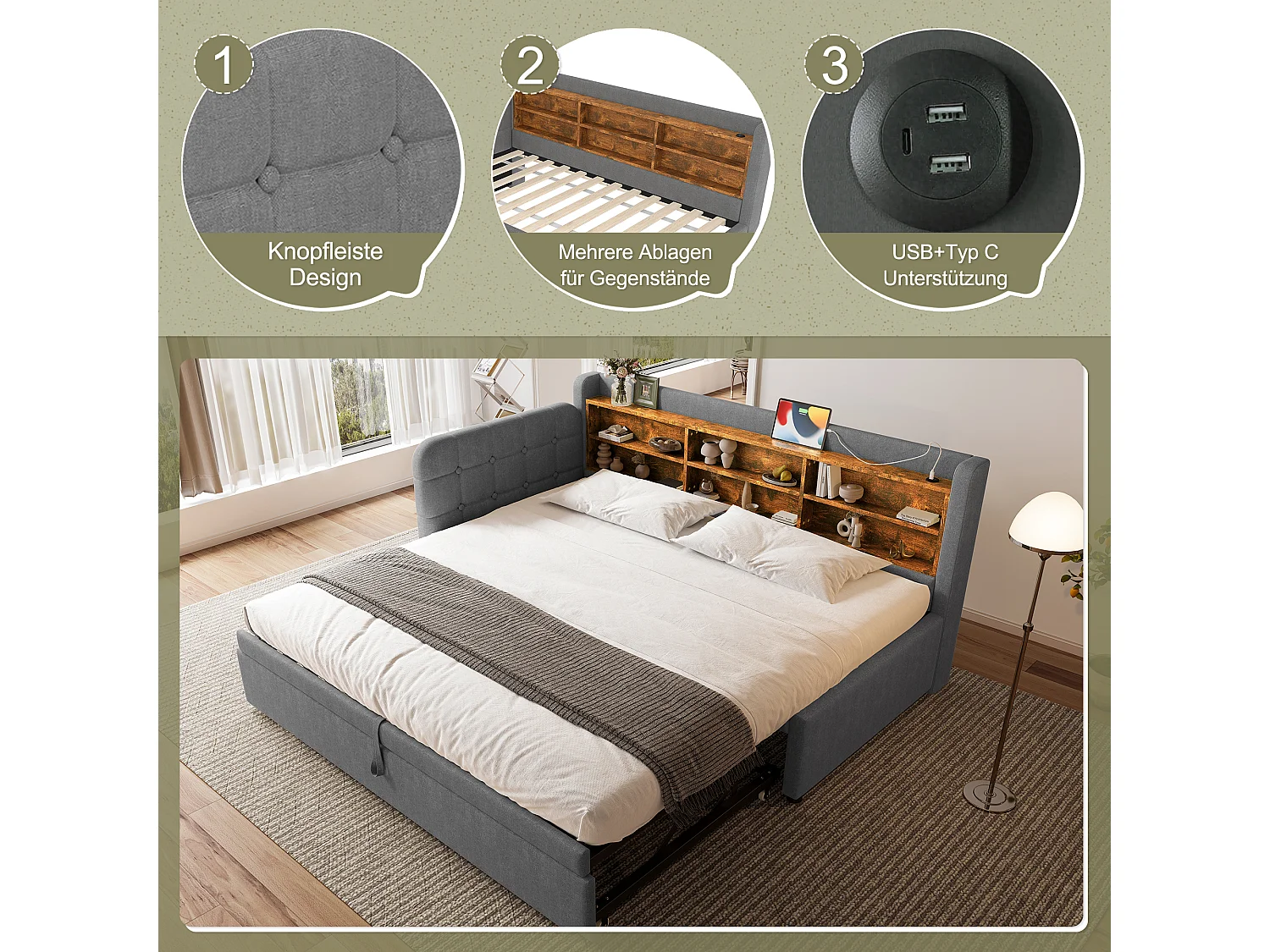 Daybett 90x200 cm (180x200 cm), Schlafsofa, multifunktionales Ausziehbett, USB + Typ C, Ablageflächen, Leinen, Grau (207x101.5x83.5 cm)