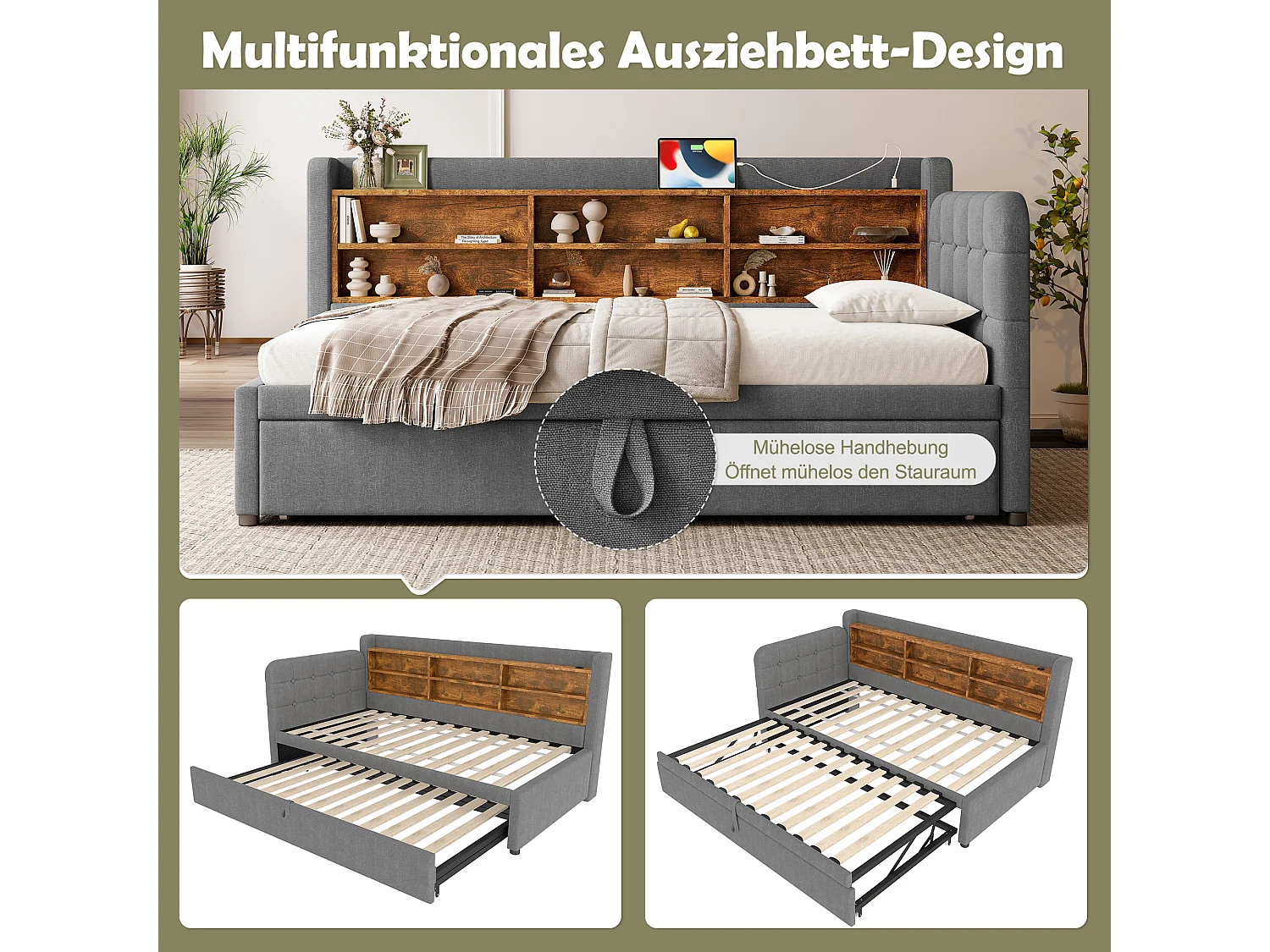 Daybett 90x200 cm (180x200 cm), Schlafsofa, multifunktionales Ausziehbett, USB + Typ C, Ablageflächen, Leinen, Grau (207x101.5x83.5 cm)