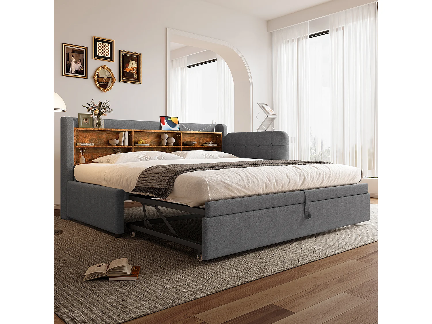 Daybett 90x200 cm (180x200 cm), Schlafsofa, multifunktionales Ausziehbett, USB + Typ C, Ablageflächen, Leinen, Grau (207x101.5x83.5 cm)