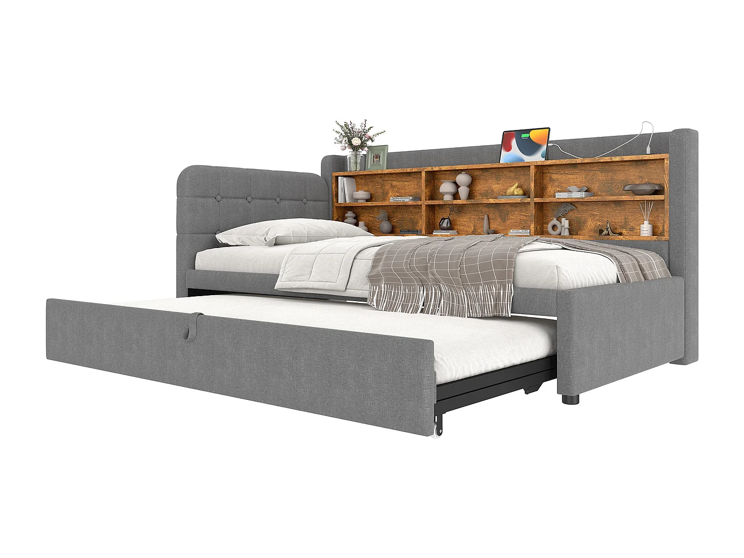 Daybett 90x200 cm (180x200 cm), Schlafsofa, multifunktionales Ausziehbett, USB + Typ C, Ablageflächen, Leinen, Grau (207x101.5x83.5 cm)