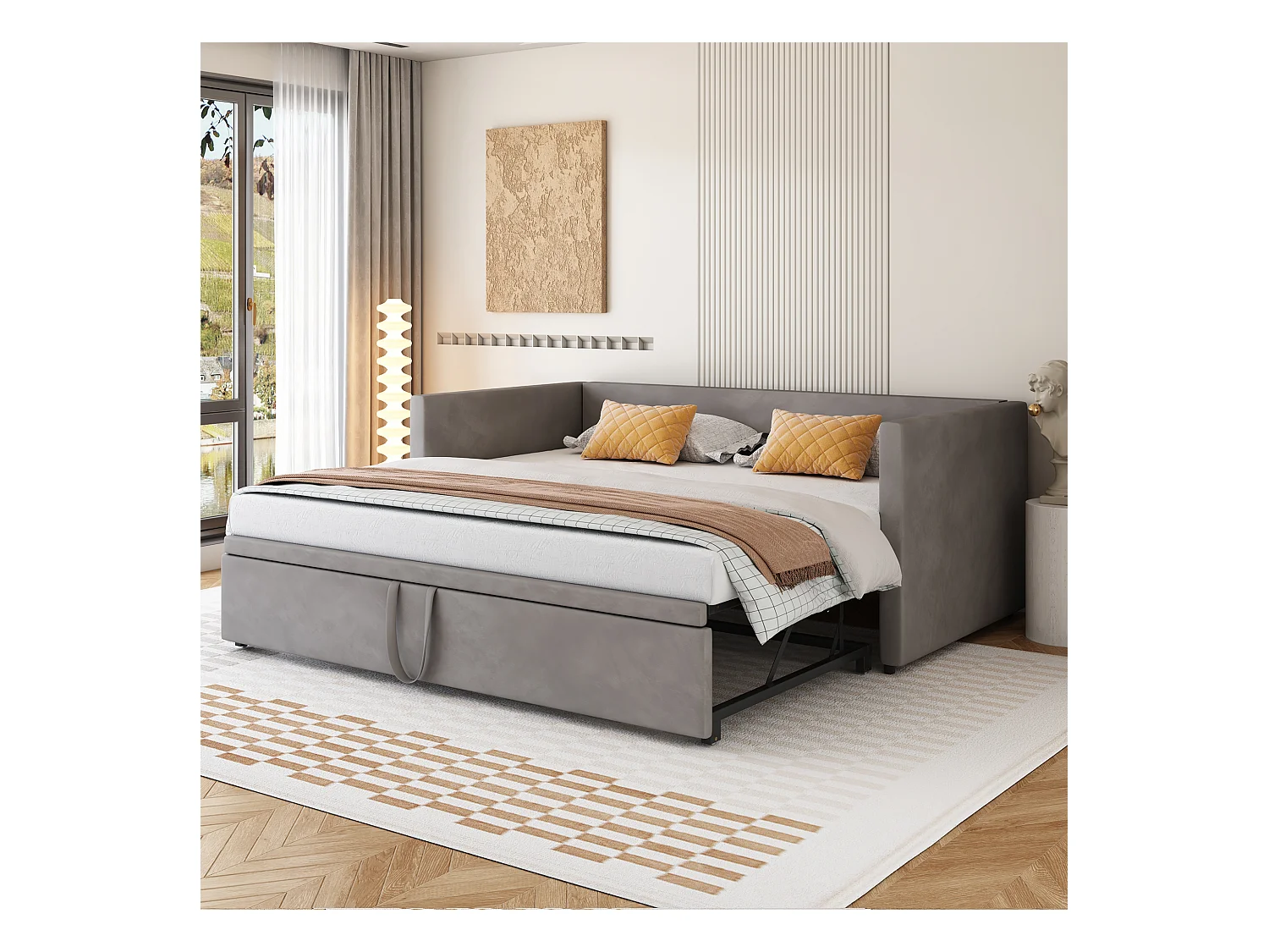 Canapé-lit convertible 90/180 x 200 cm avec sommier à lattes, lit multifonction en velours doux, couleur grise (213 x 188 x 74 cm)