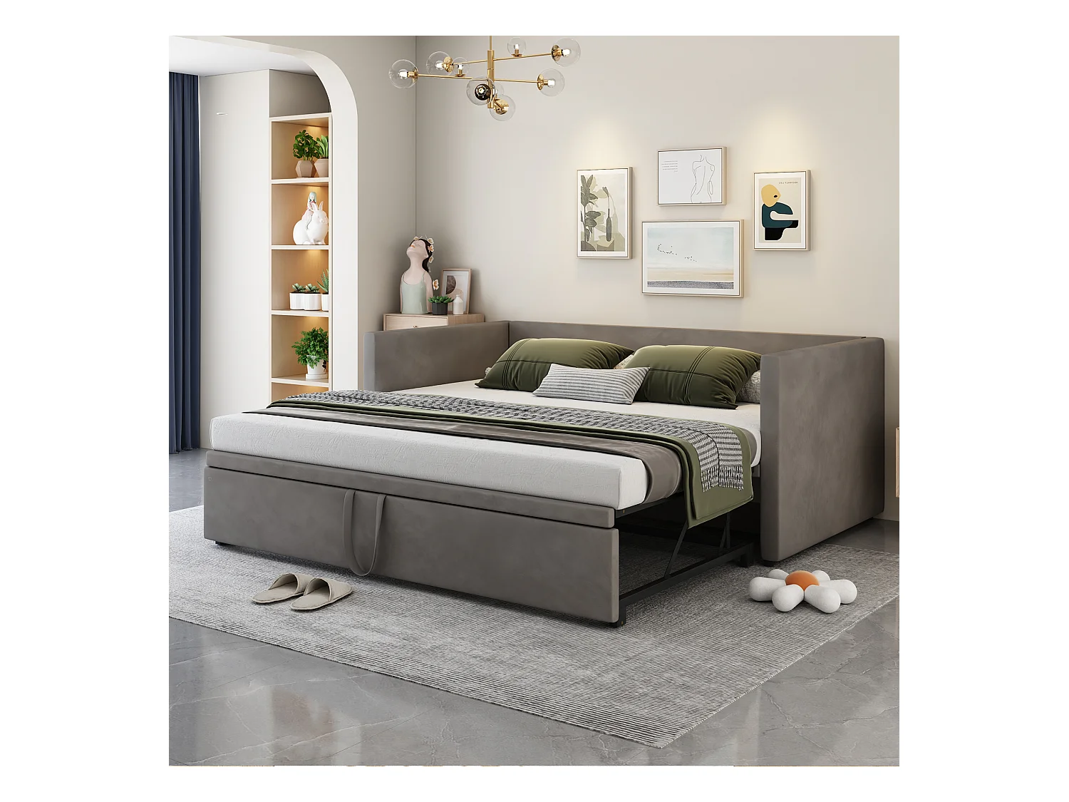 Sofá cama convertible 90/180 x 200 cm con somier de láminas, cama multifuncional en terciopelo suave, color gris (213 x 188 x 74 cm)