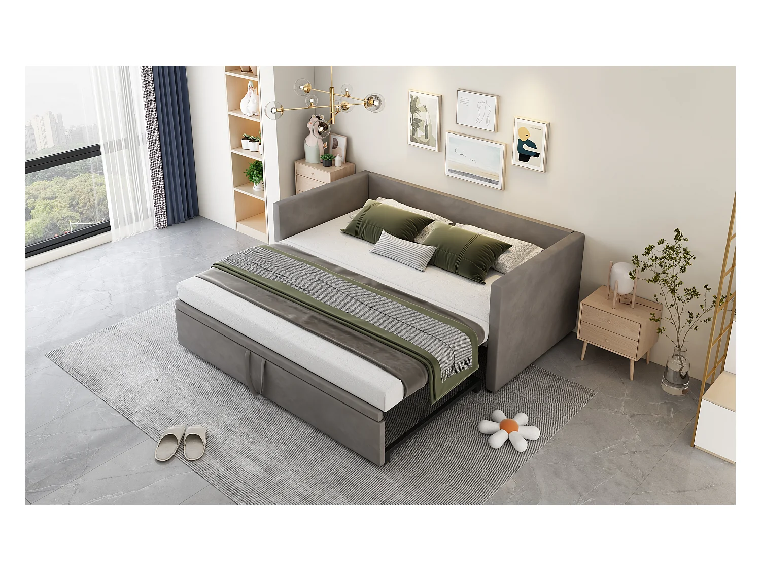 Sofá cama convertible 90/180 x 200 cm con somier de láminas, cama multifuncional en terciopelo suave, color gris (213 x 188 x 74 cm)