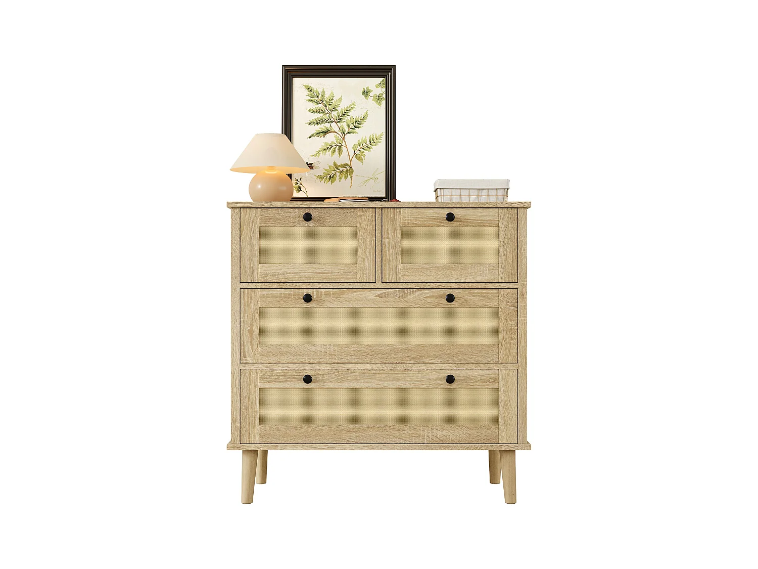 Commode avec quatre tiroirs en rotin, pieds en bois massif, design moderne, en bois aggloméré, couleur naturelle (80x40x80 cm)