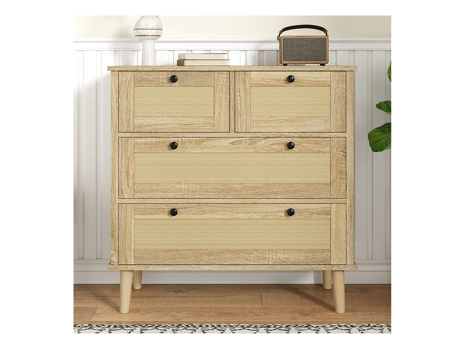Commode avec quatre tiroirs en rotin, pieds en bois massif, design moderne, en bois aggloméré, couleur naturelle (80x40x80 cm)