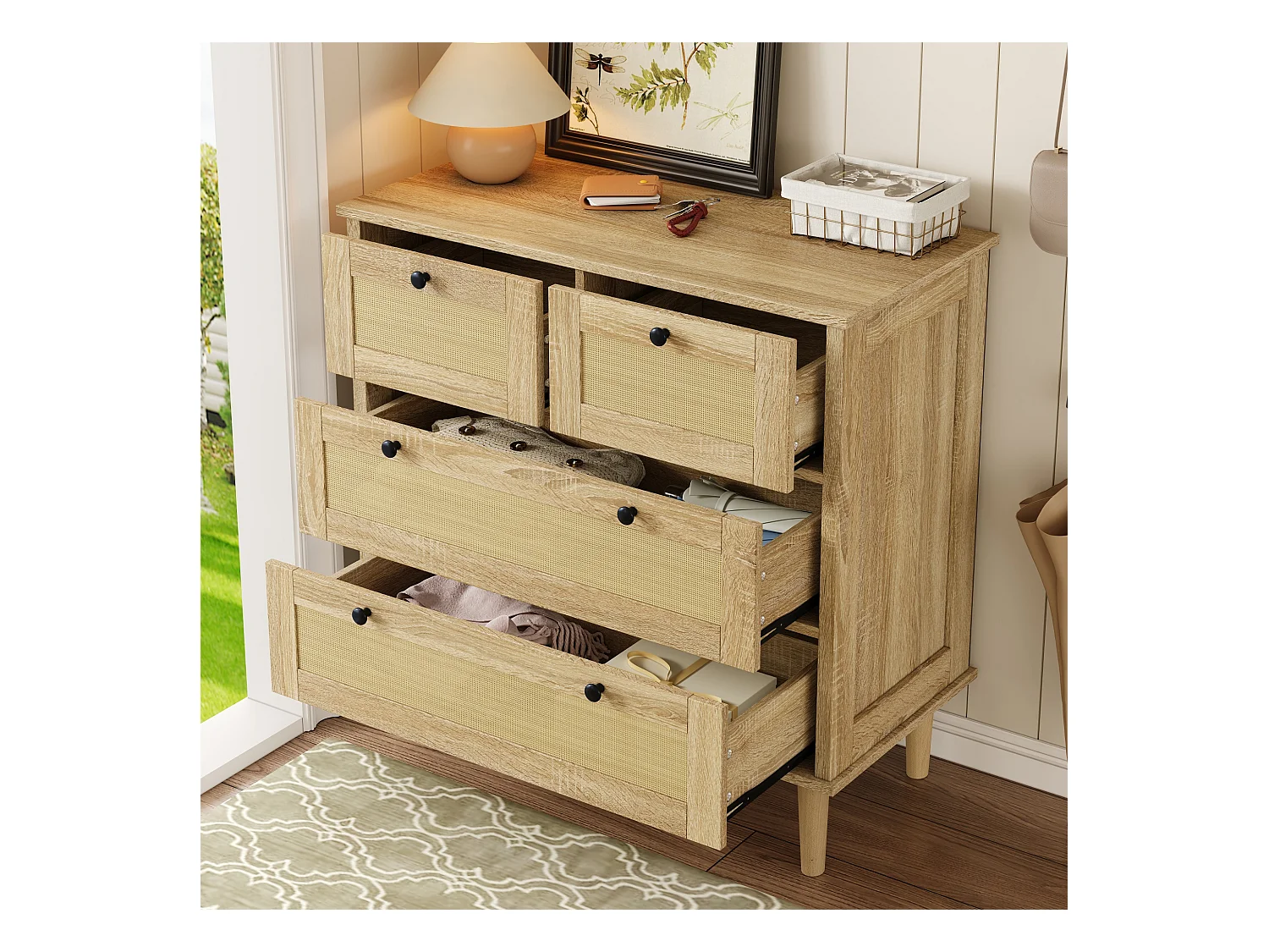 Commode avec quatre tiroirs en rotin, pieds en bois massif, design moderne, en bois aggloméré, couleur naturelle (80x40x80 cm)