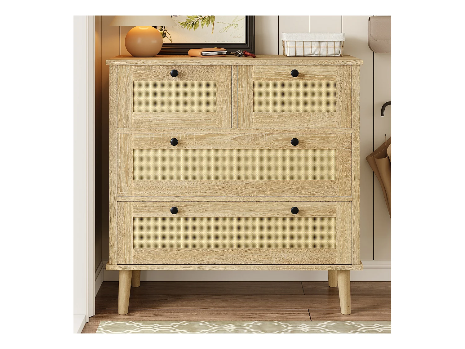 Commode avec quatre tiroirs en rotin, pieds en bois massif, design moderne, en bois aggloméré, couleur naturelle (80x40x80 cm)